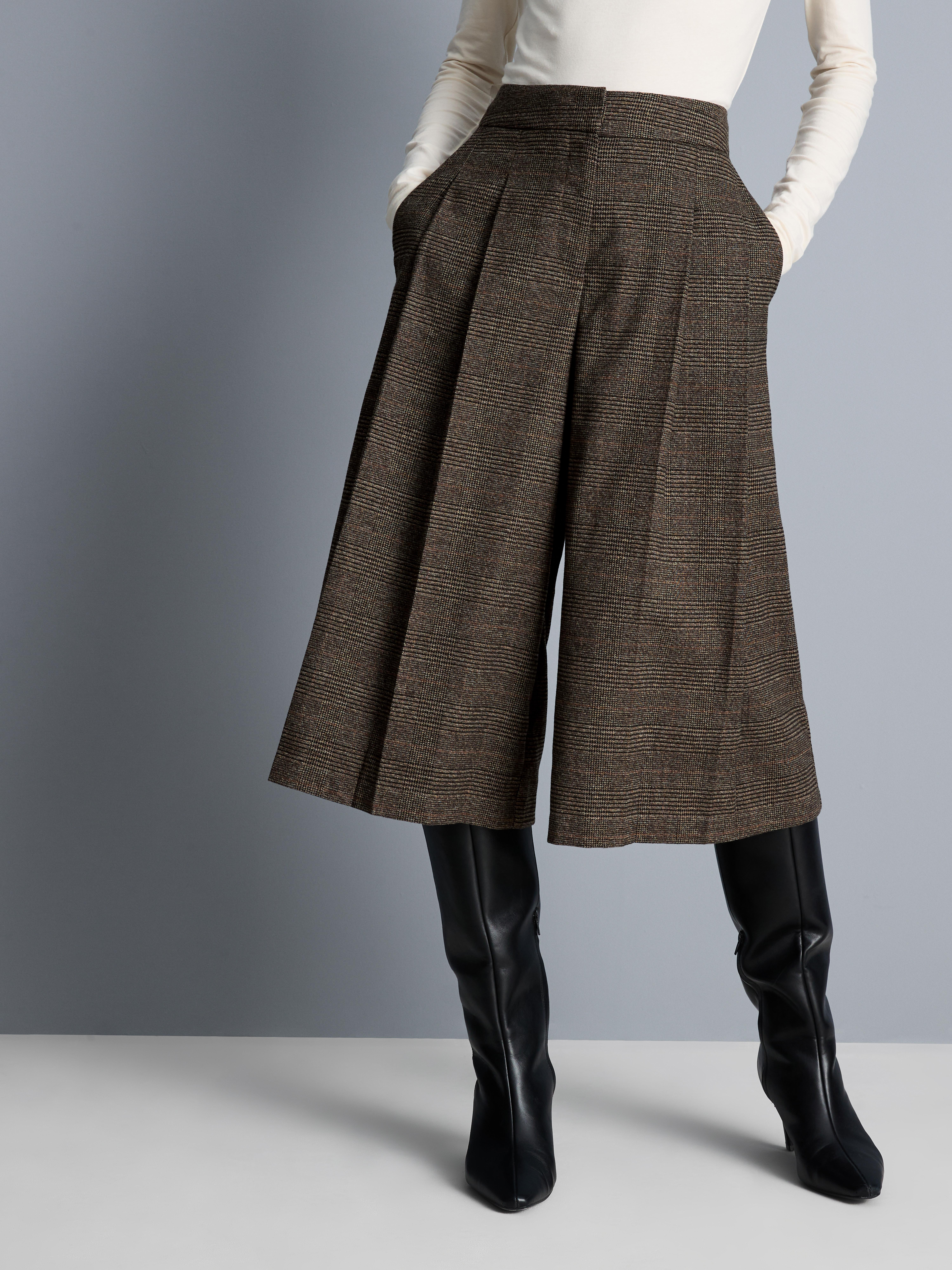 Pleated Plaid Culotte Pants