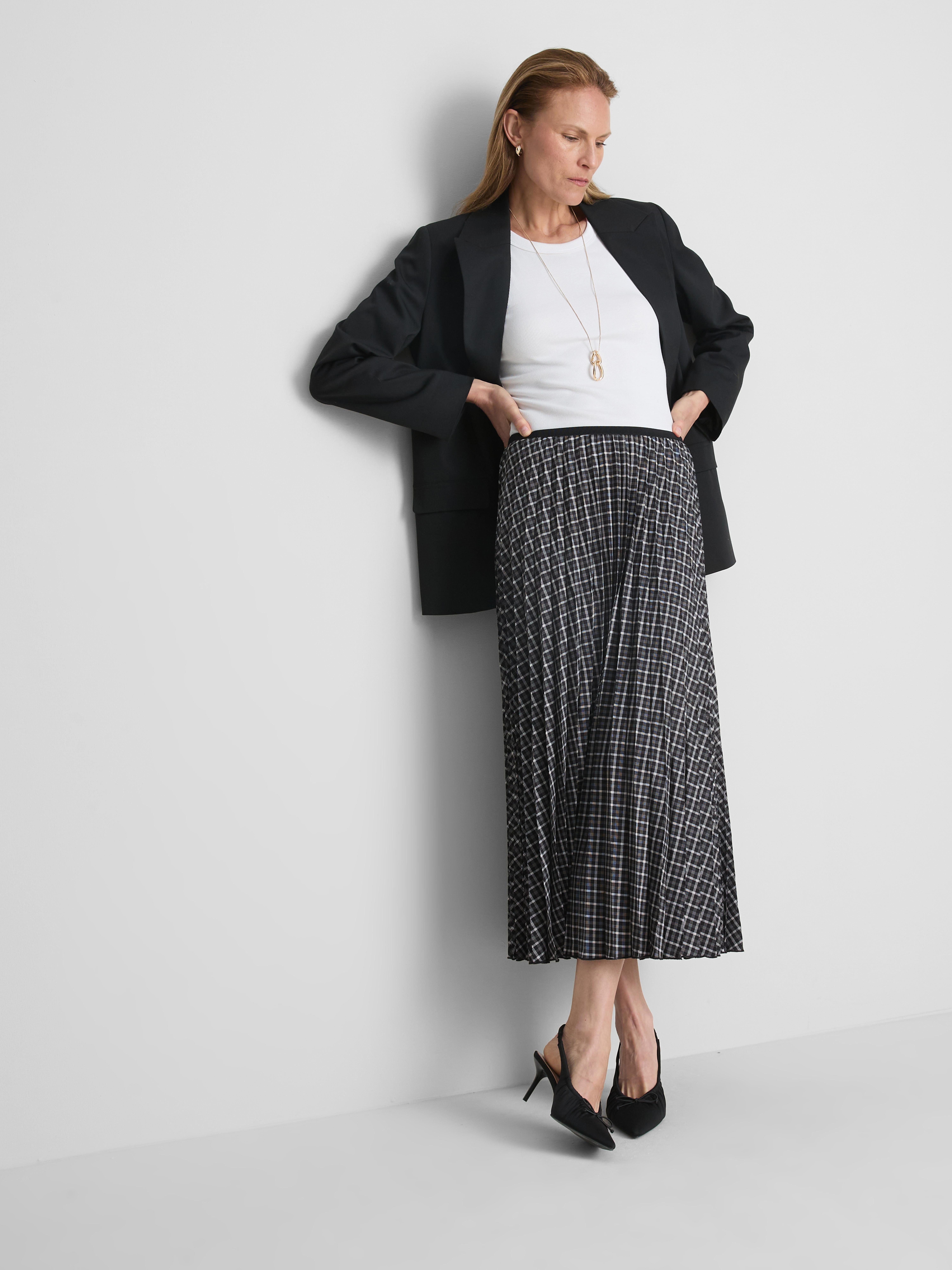 Pleated Check Midi Skirt