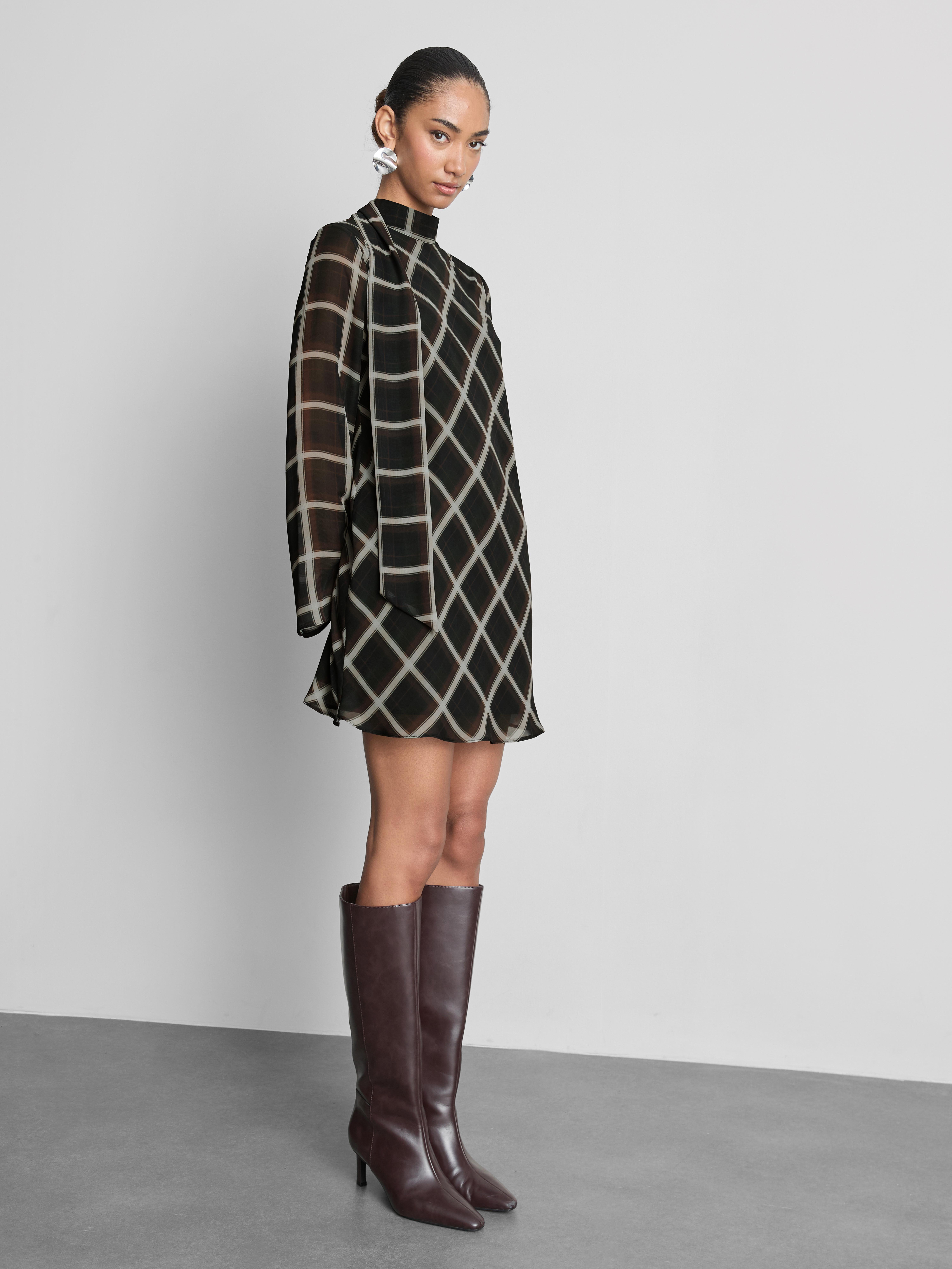 Scarf Detail Check Chiffon Mini Dress