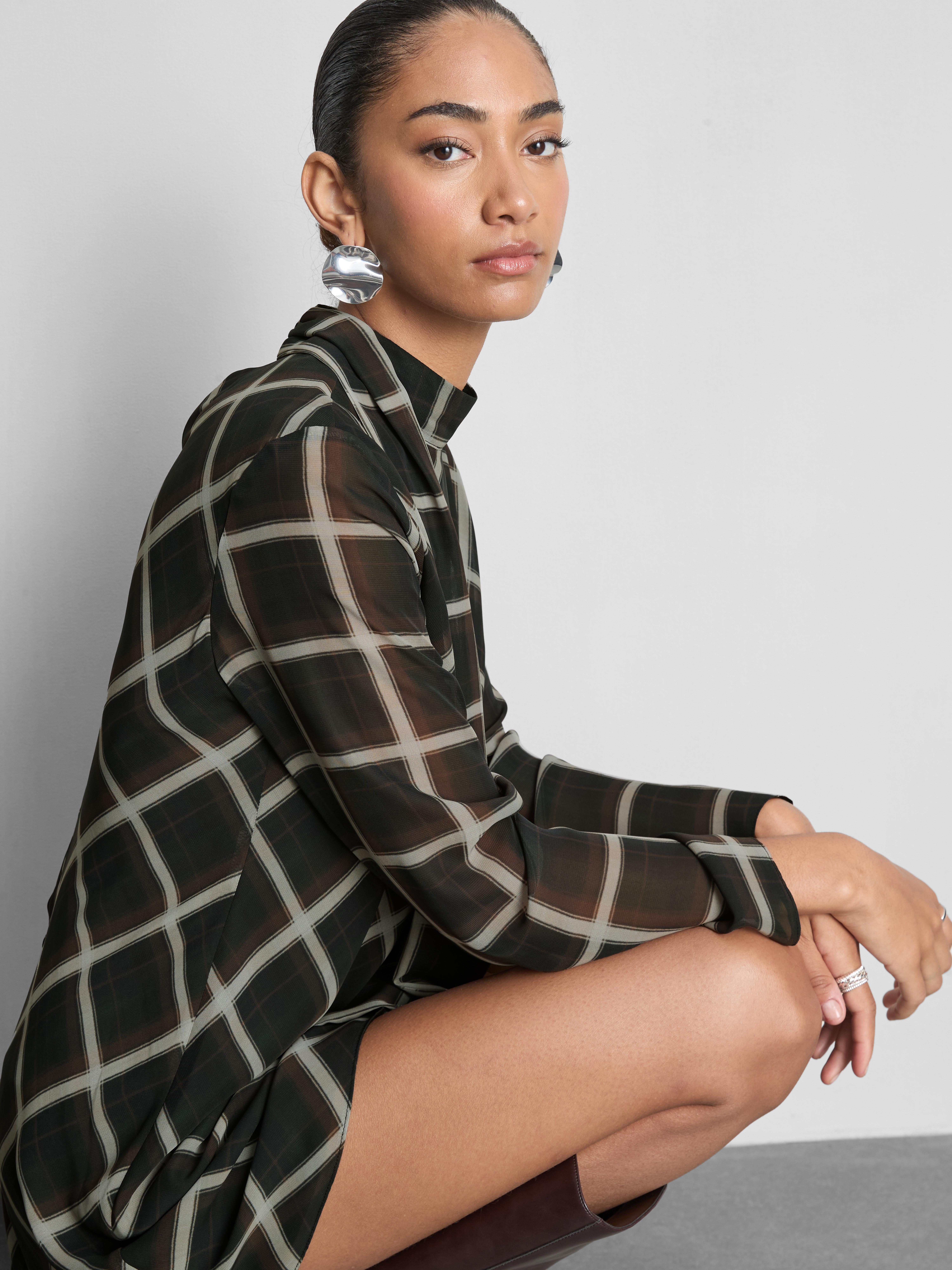 Scarf Detail Check Chiffon Mini Dress