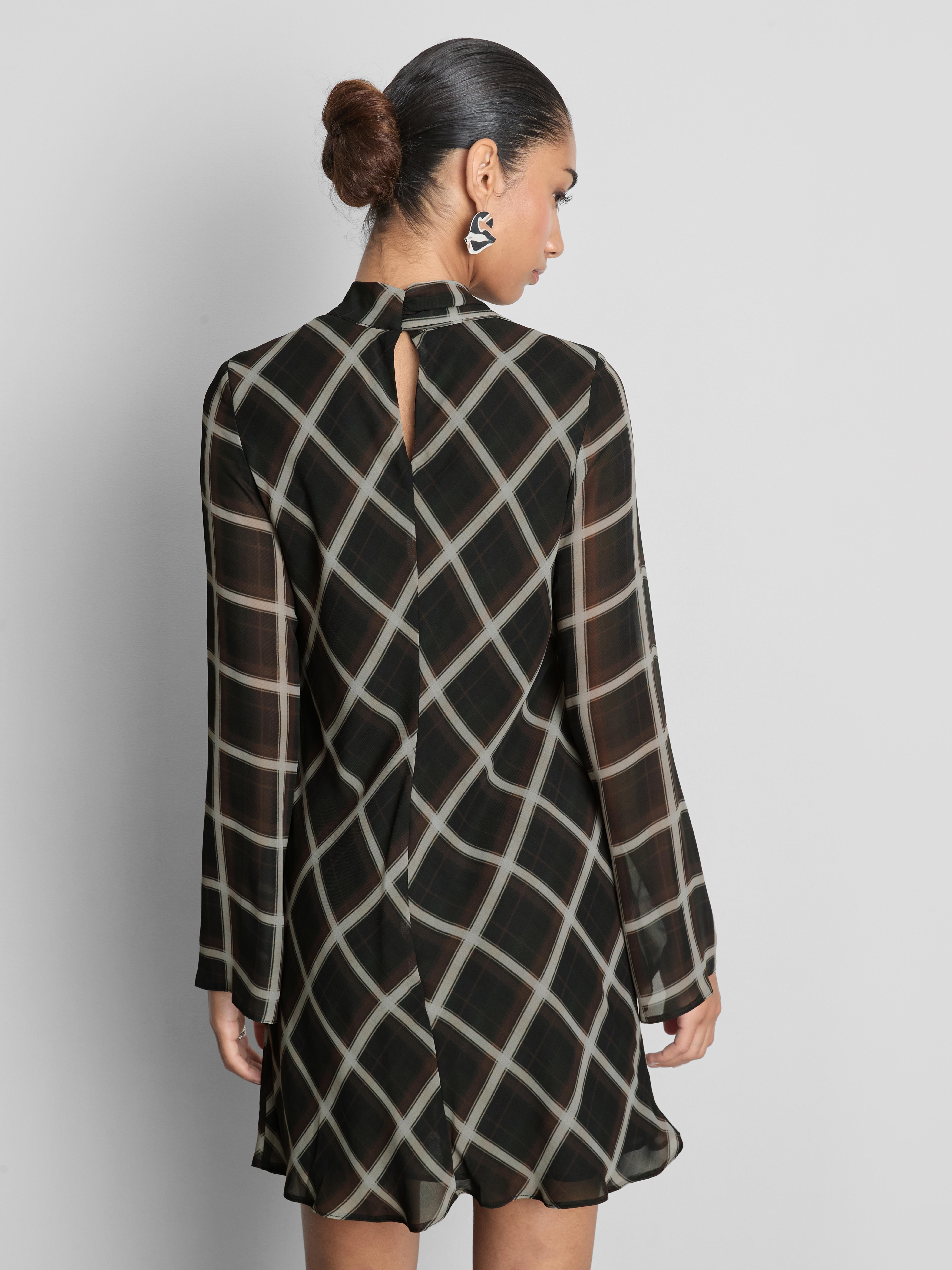 Scarf Detail Check Chiffon Mini Dress