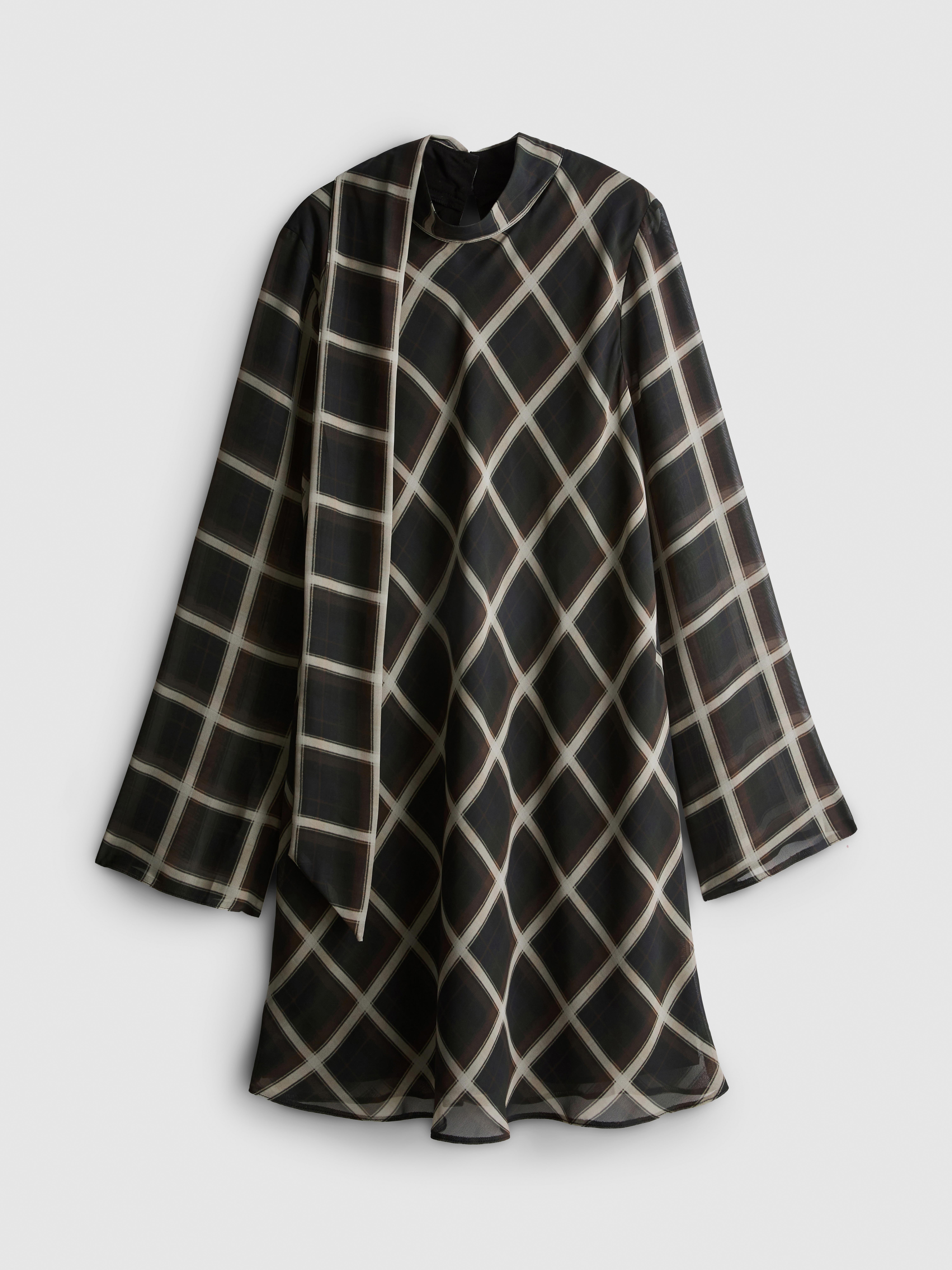 Scarf Detail Check Chiffon Mini Dress