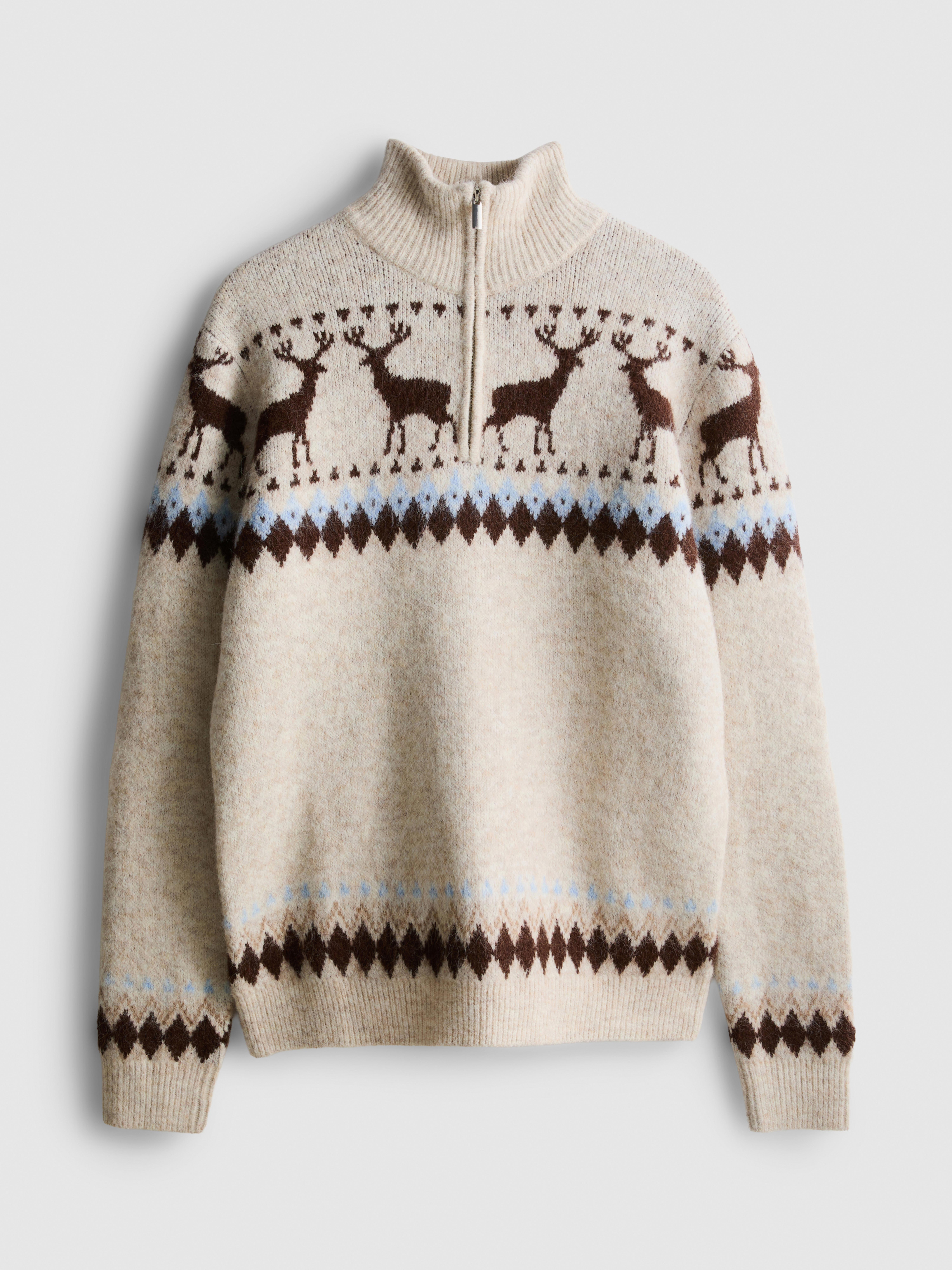 Men's Ivory Reindeer Fair Isle Quarter-Zip Knitted Sweater | Primark