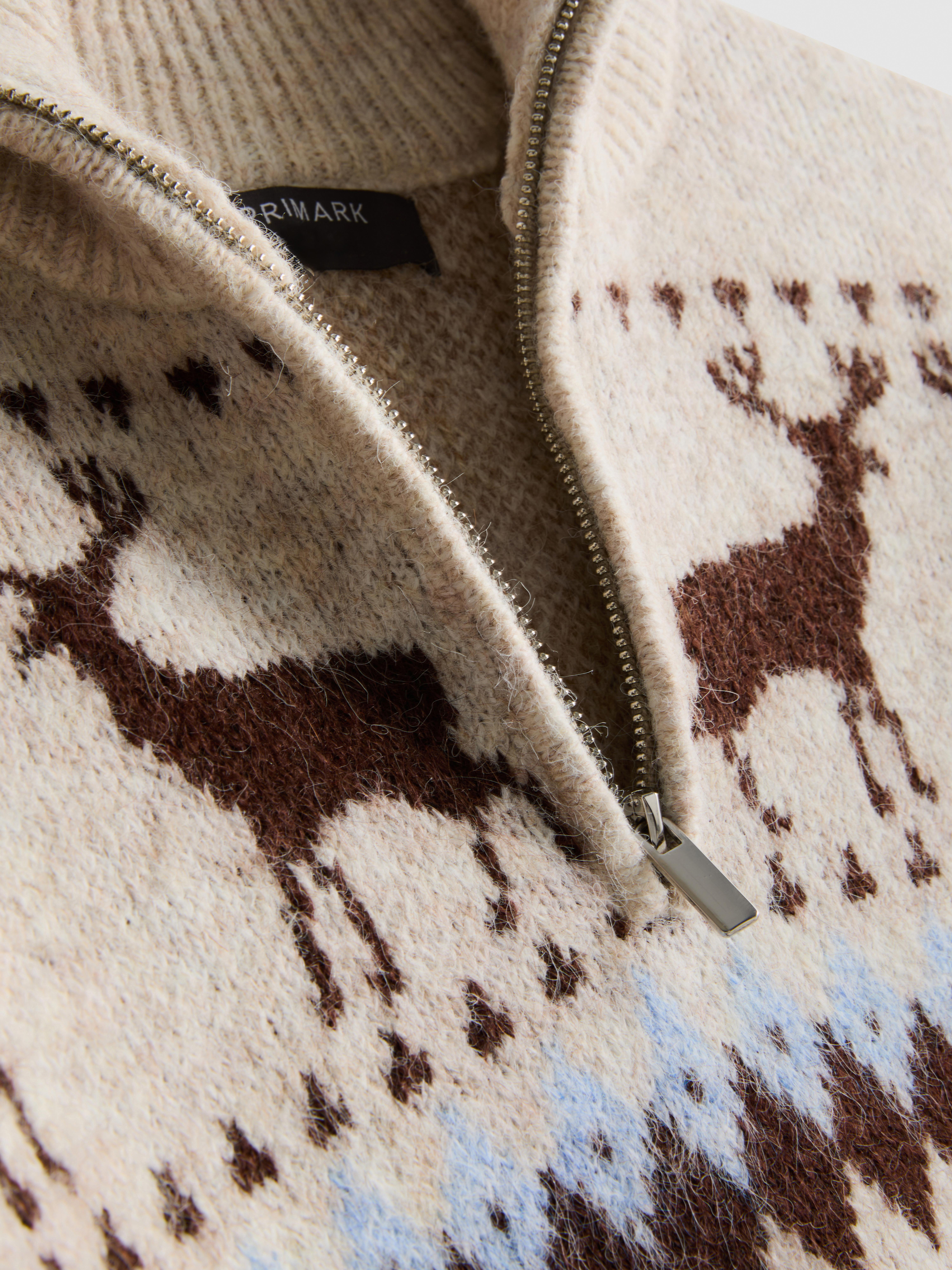 Men's Ivory Reindeer Fair Isle Quarter-Zip Knitted Sweater | Primark