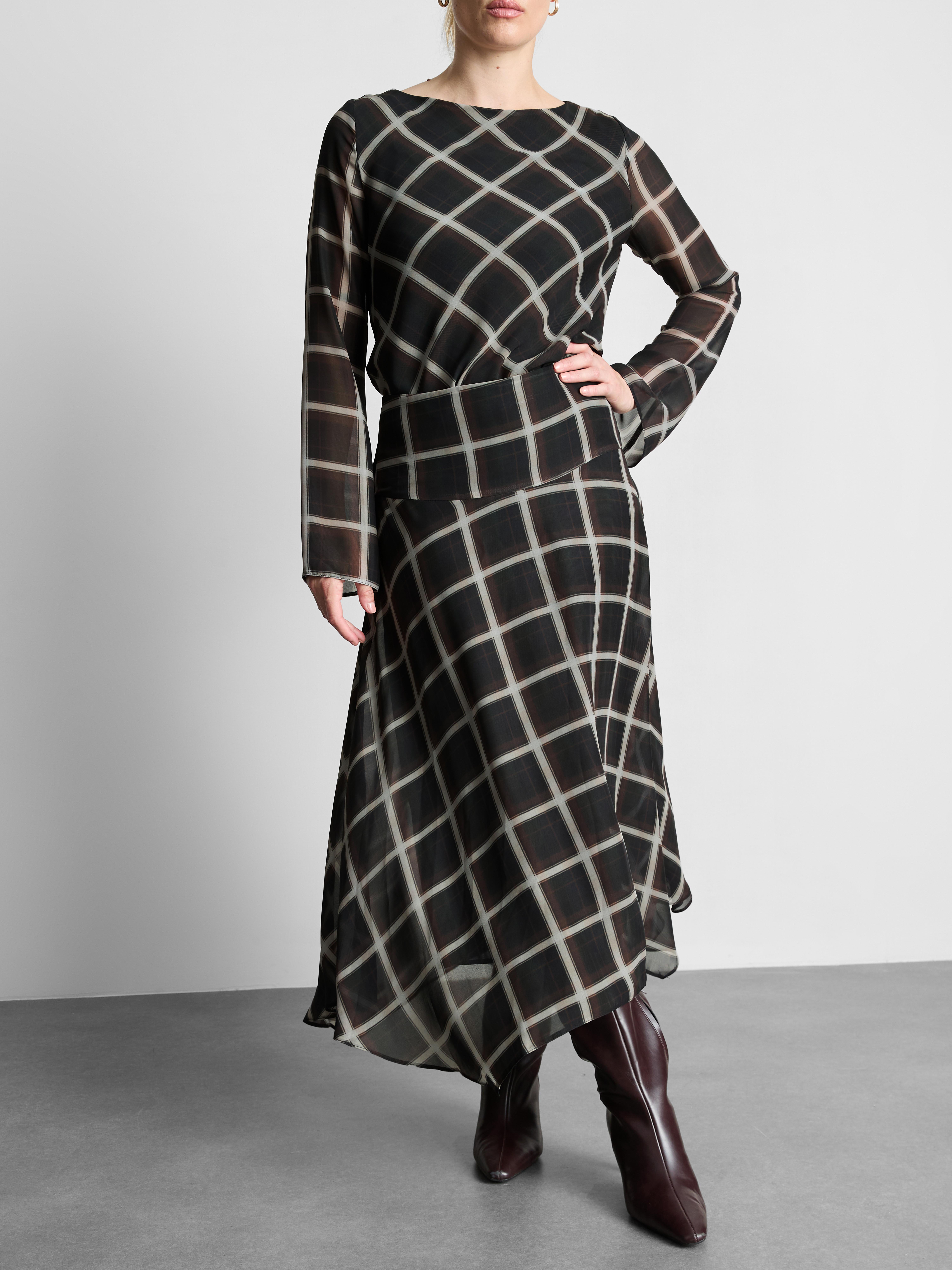 Chiffon Check Asymmetric Midi Skirt