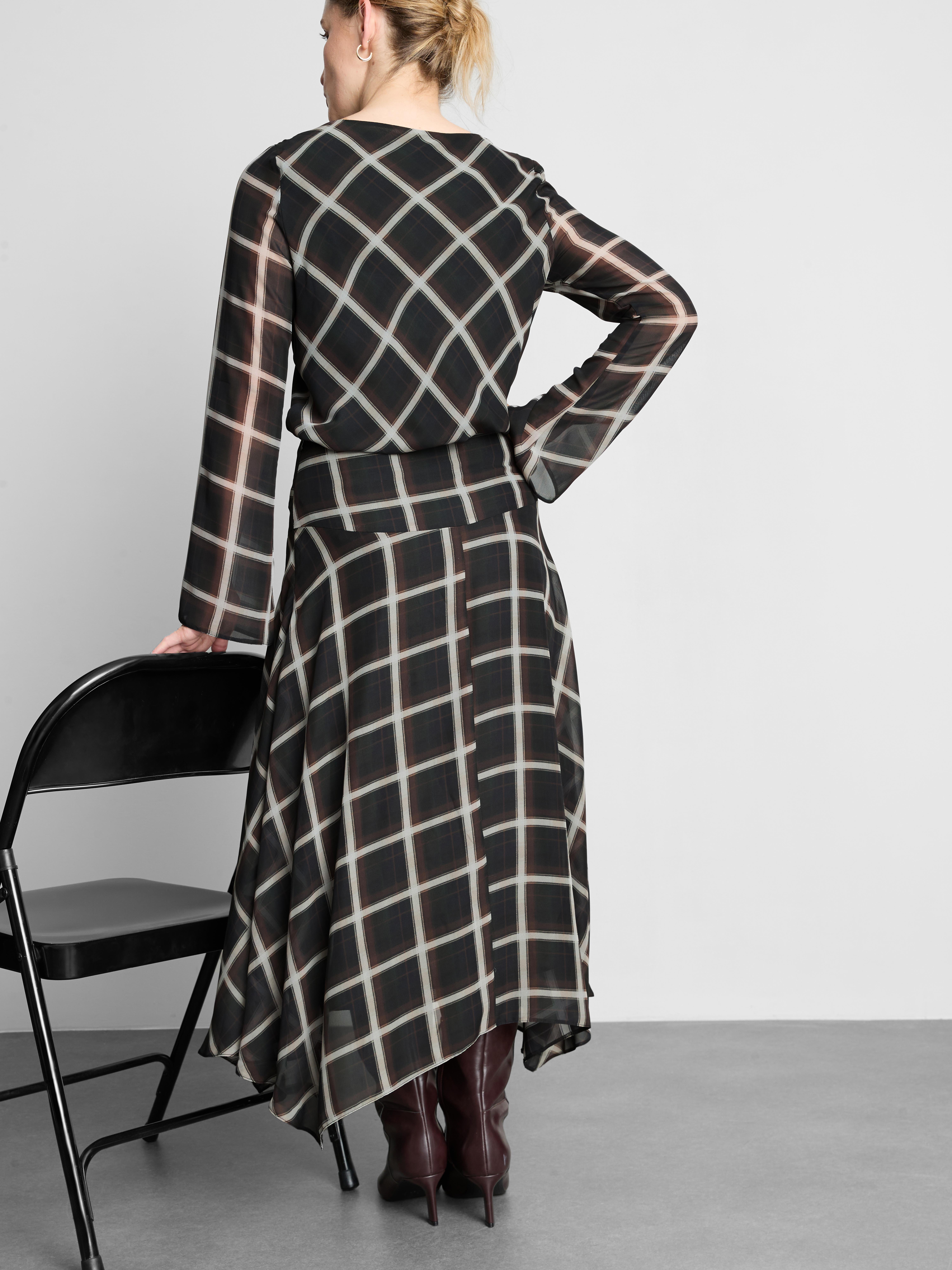 Chiffon Check Asymmetric Midi Skirt