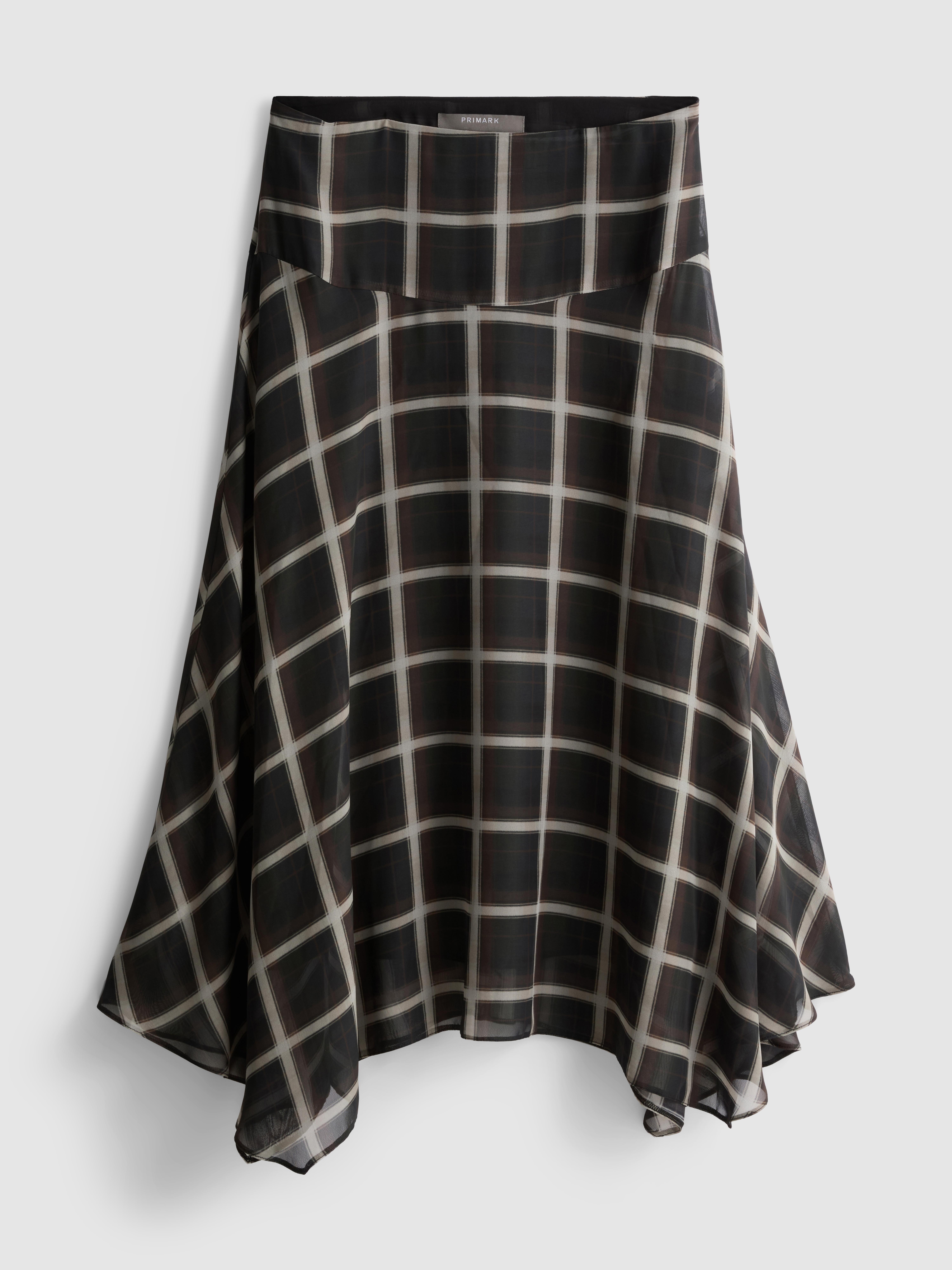 Chiffon Check Asymmetric Midi Skirt