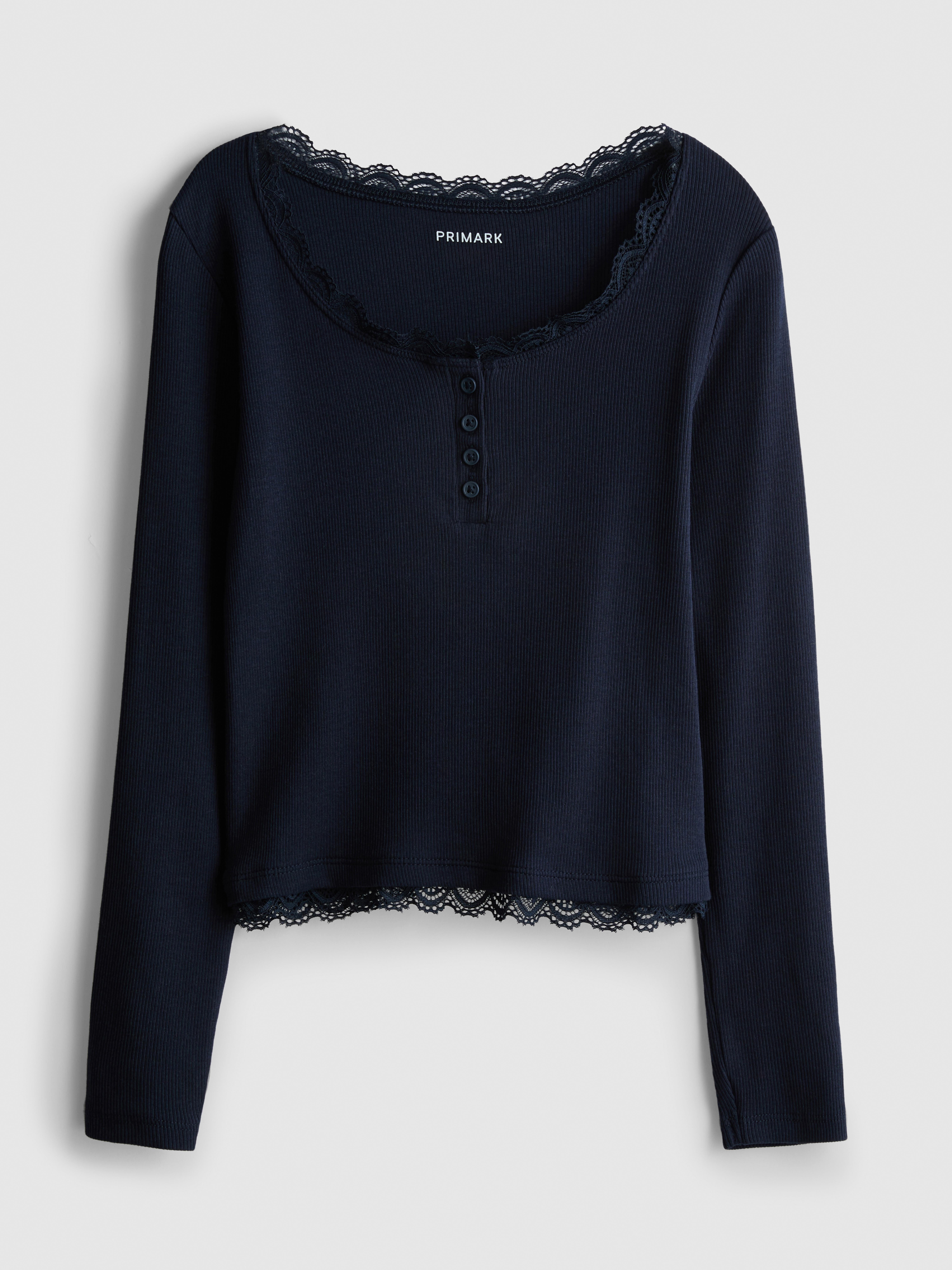 Girls Navy 7-15yrs | Cotton Rich Lace Trim Henley Top | Penneys