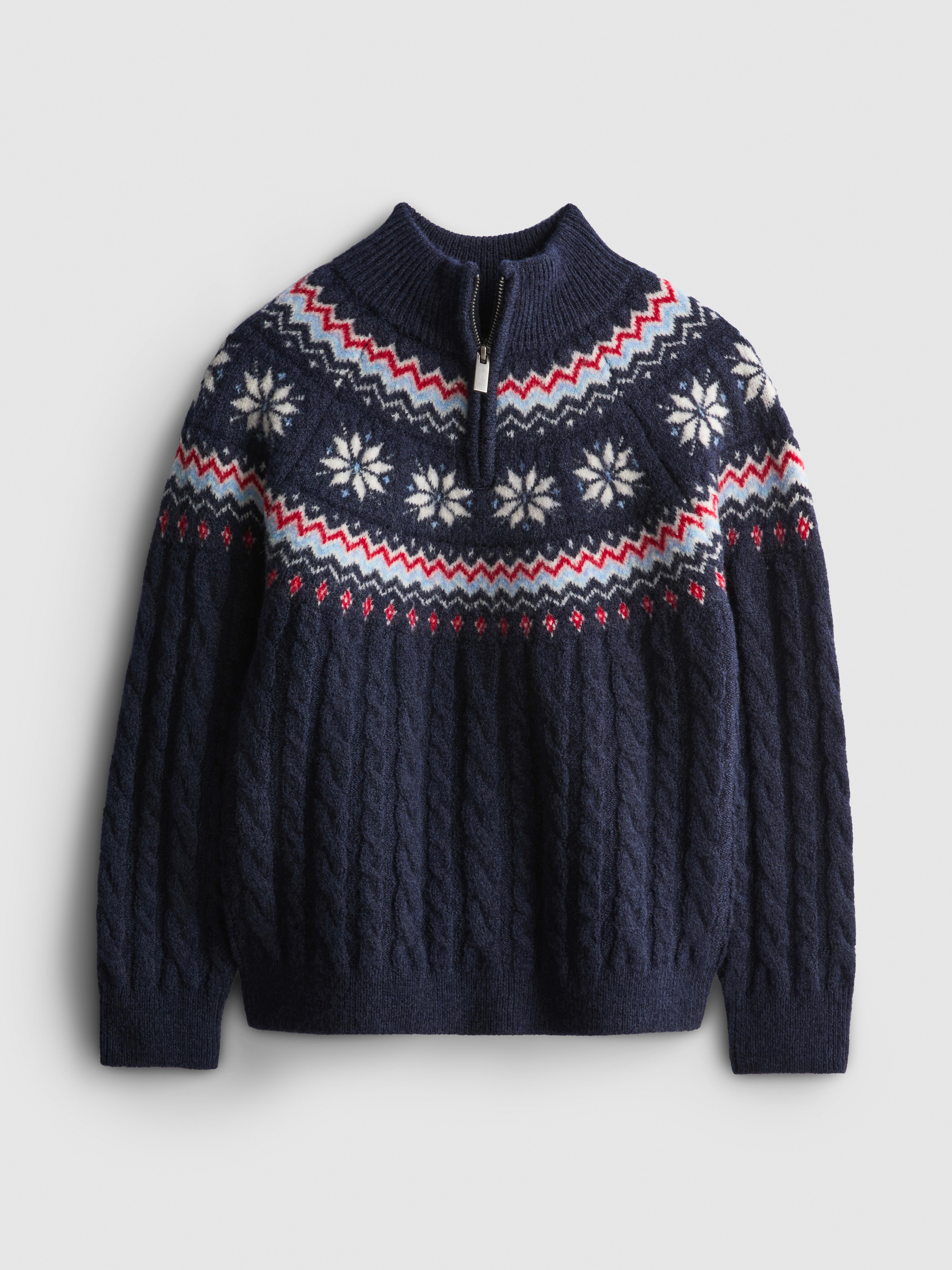7-15yrs | Fair Isle Cable Knit Half-Zip Sweater