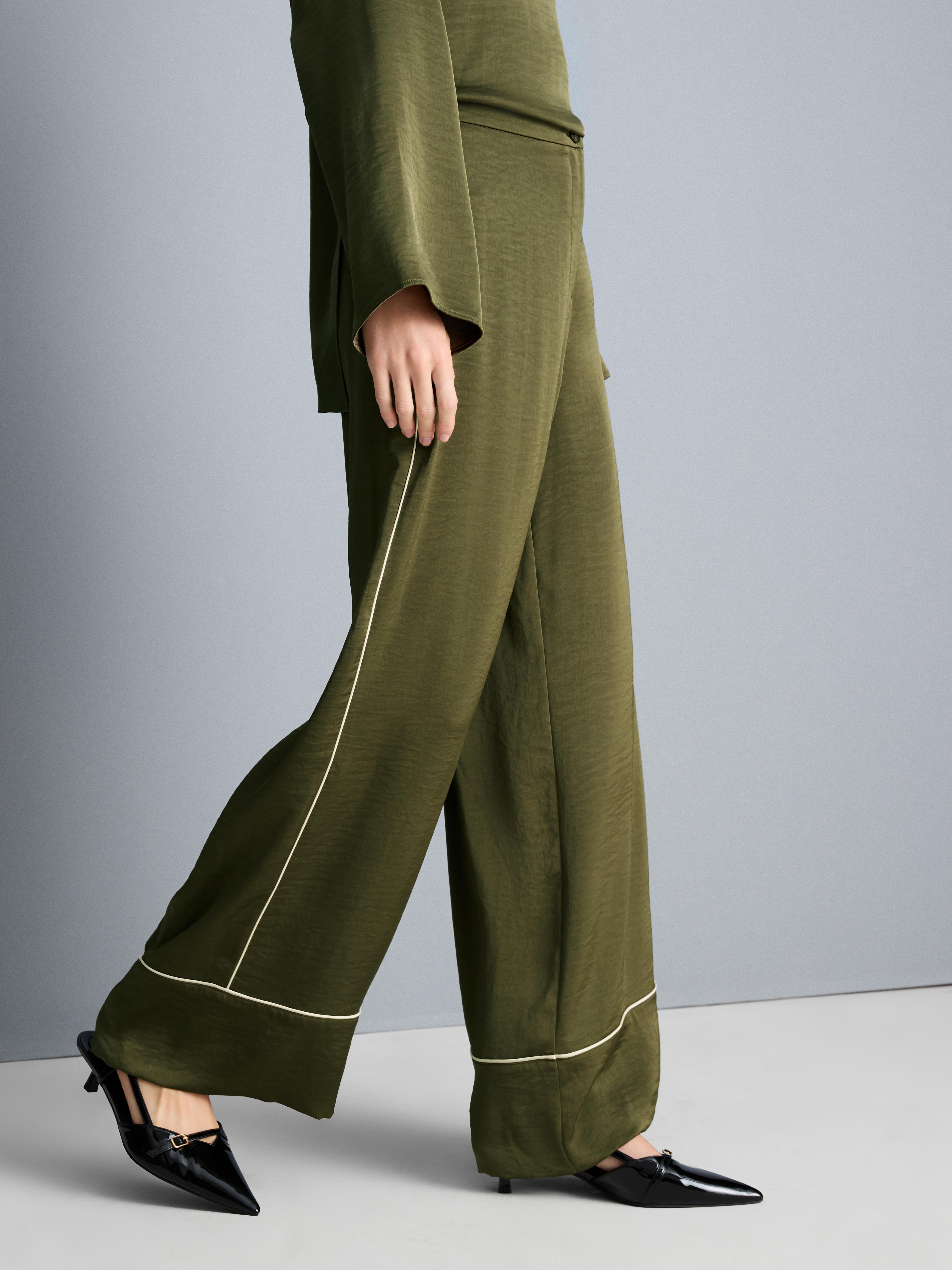 Satin Pipe Detail Wide Leg Trousers