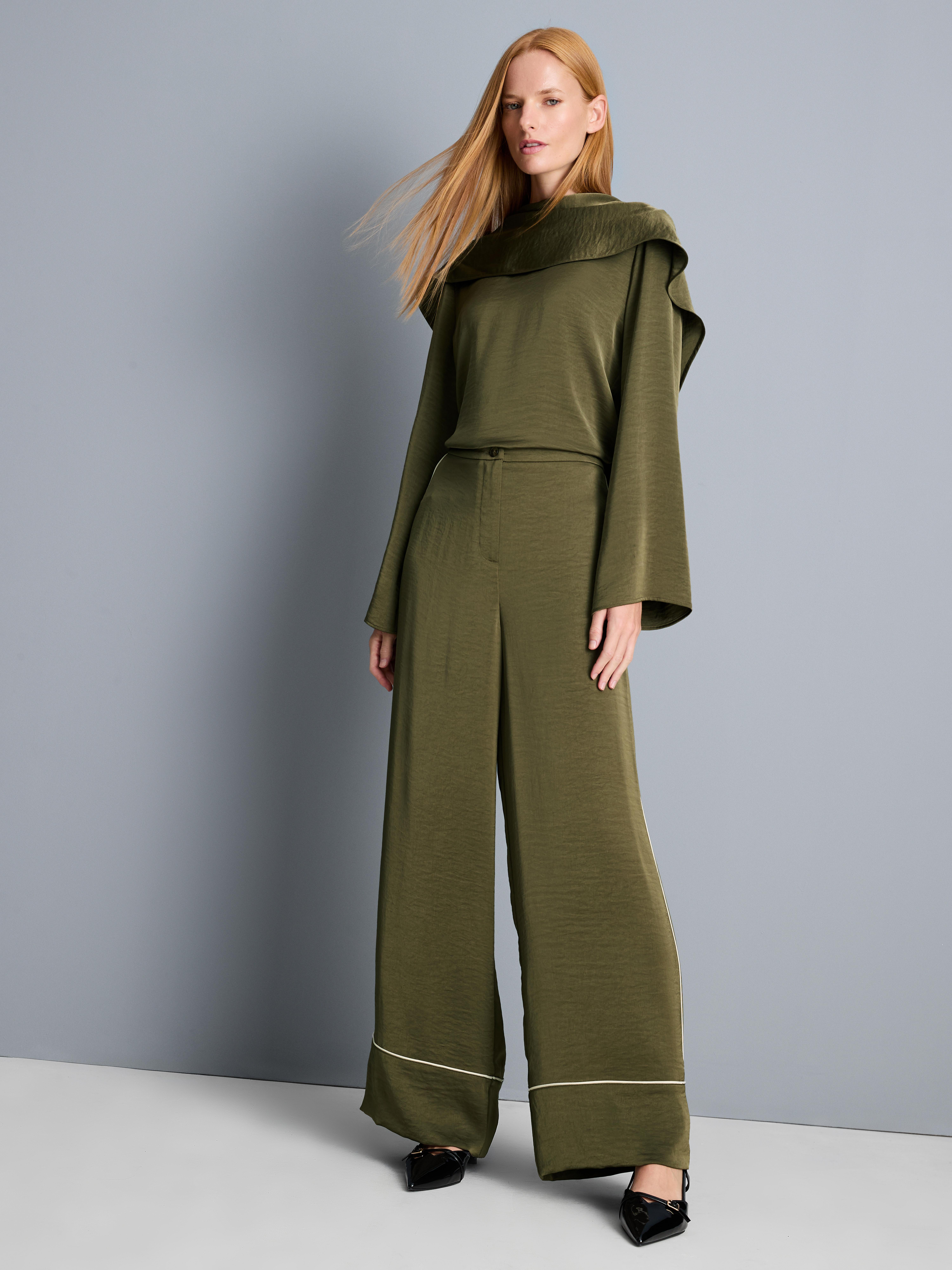 Satin Pipe Detail Wide Leg Trousers