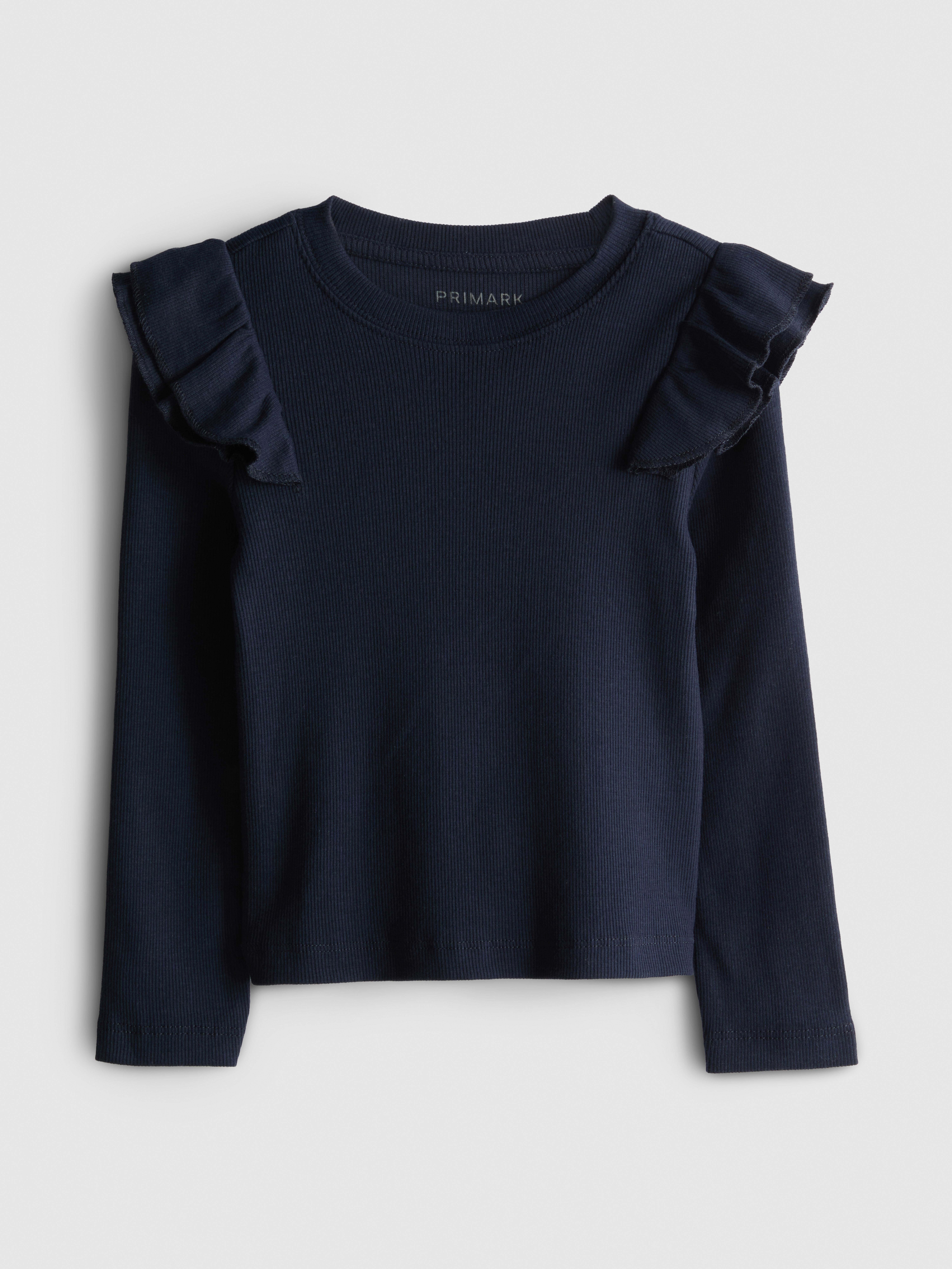 Girls Navy 1-9yrs | Cotton Rich Ribbed Ruffle Long Sleeve Top | Primark