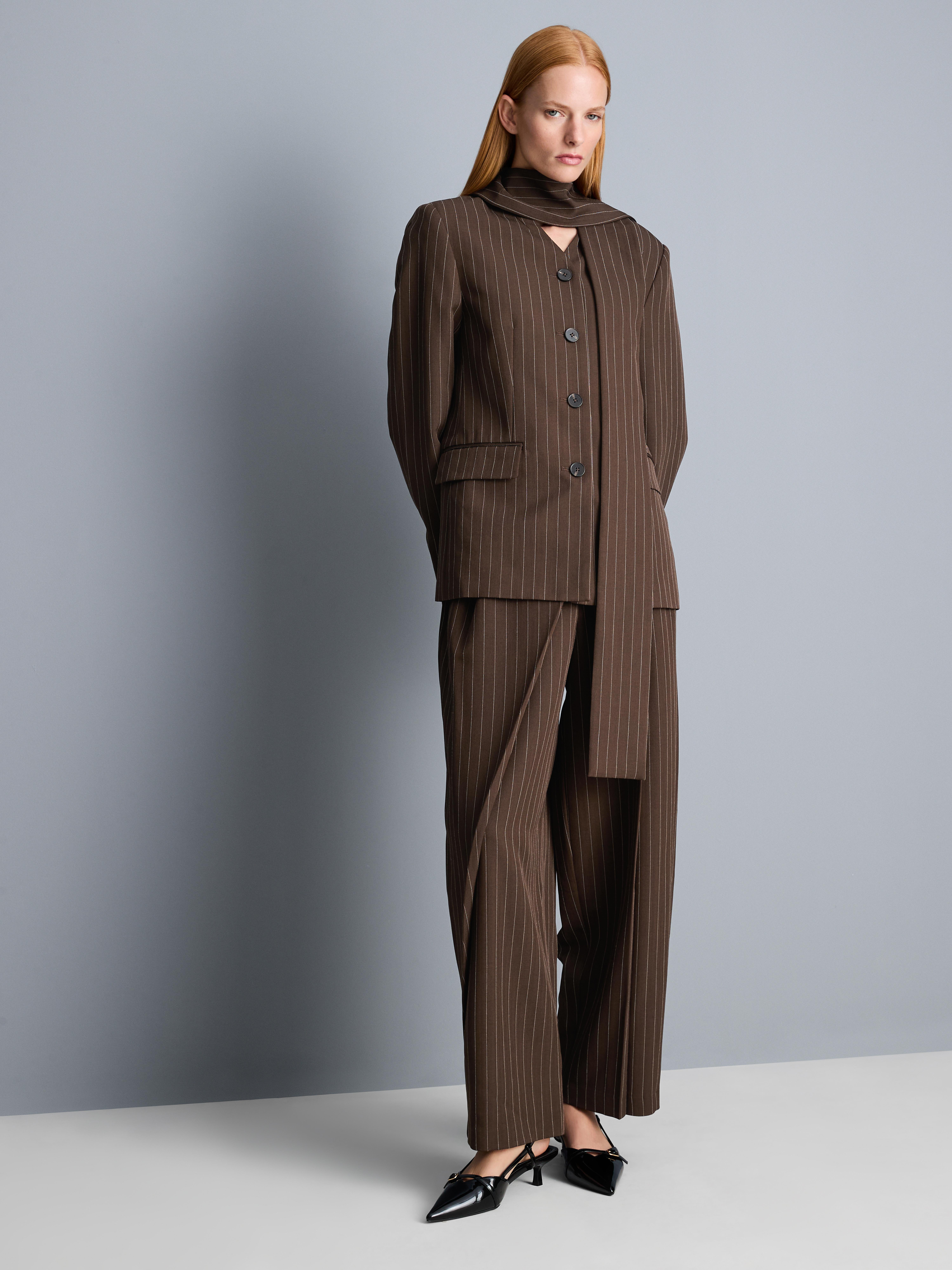 Structured Pinstripe Scarf Detail Blazer