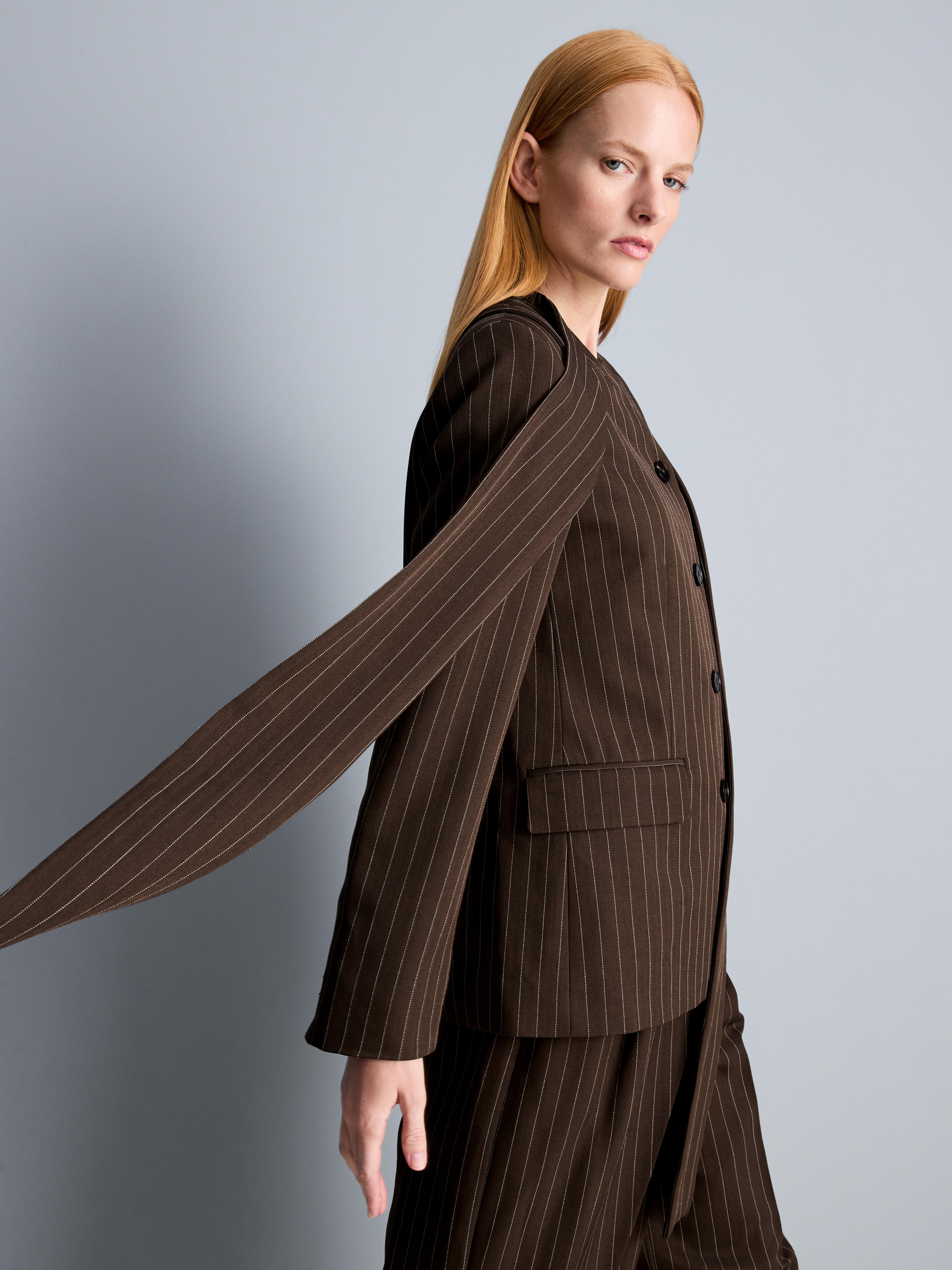 Structured Pinstripe Scarf Detail Blazer