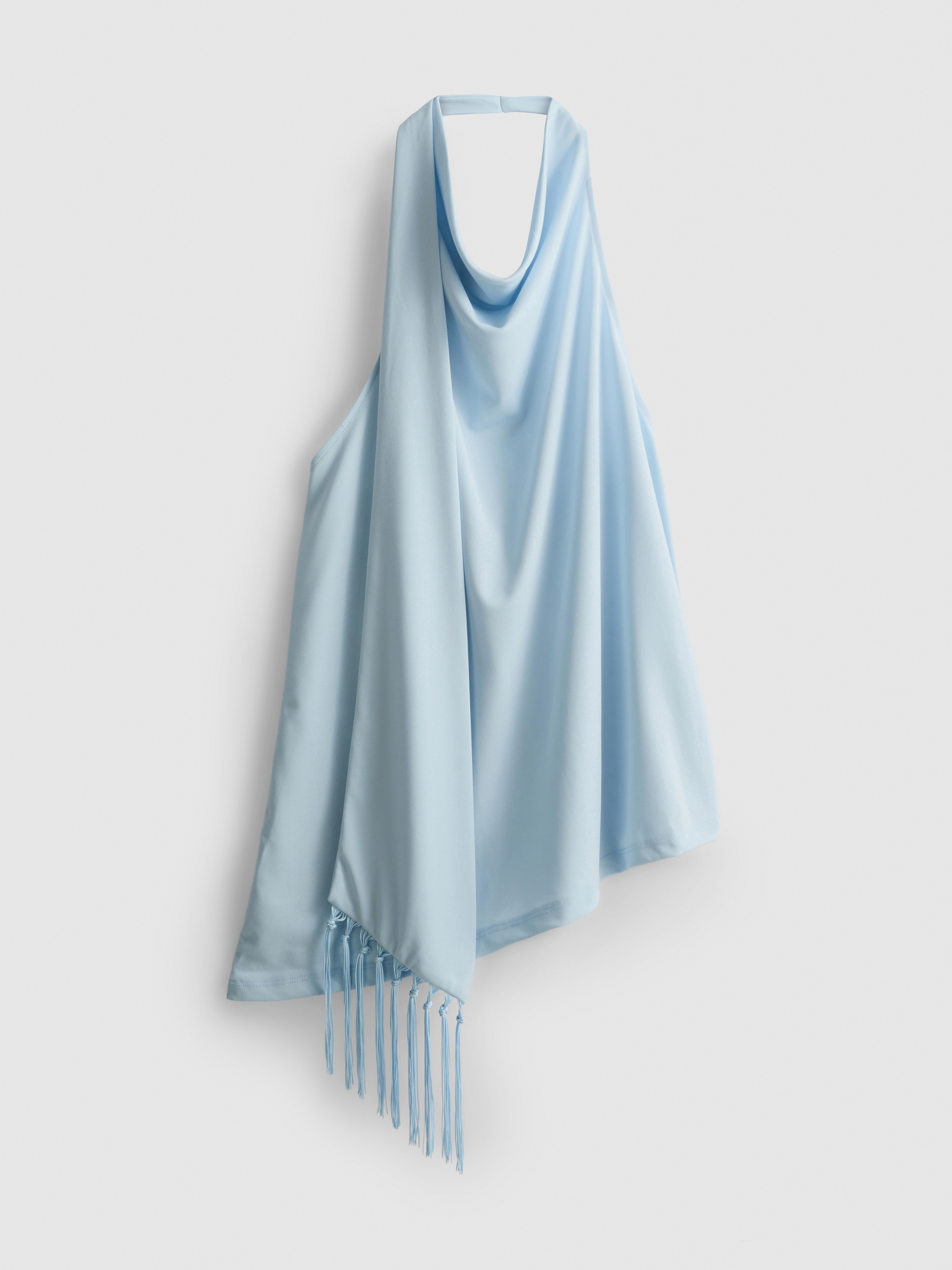 Jersey top met watervalkraag en franjes Lichtblauw