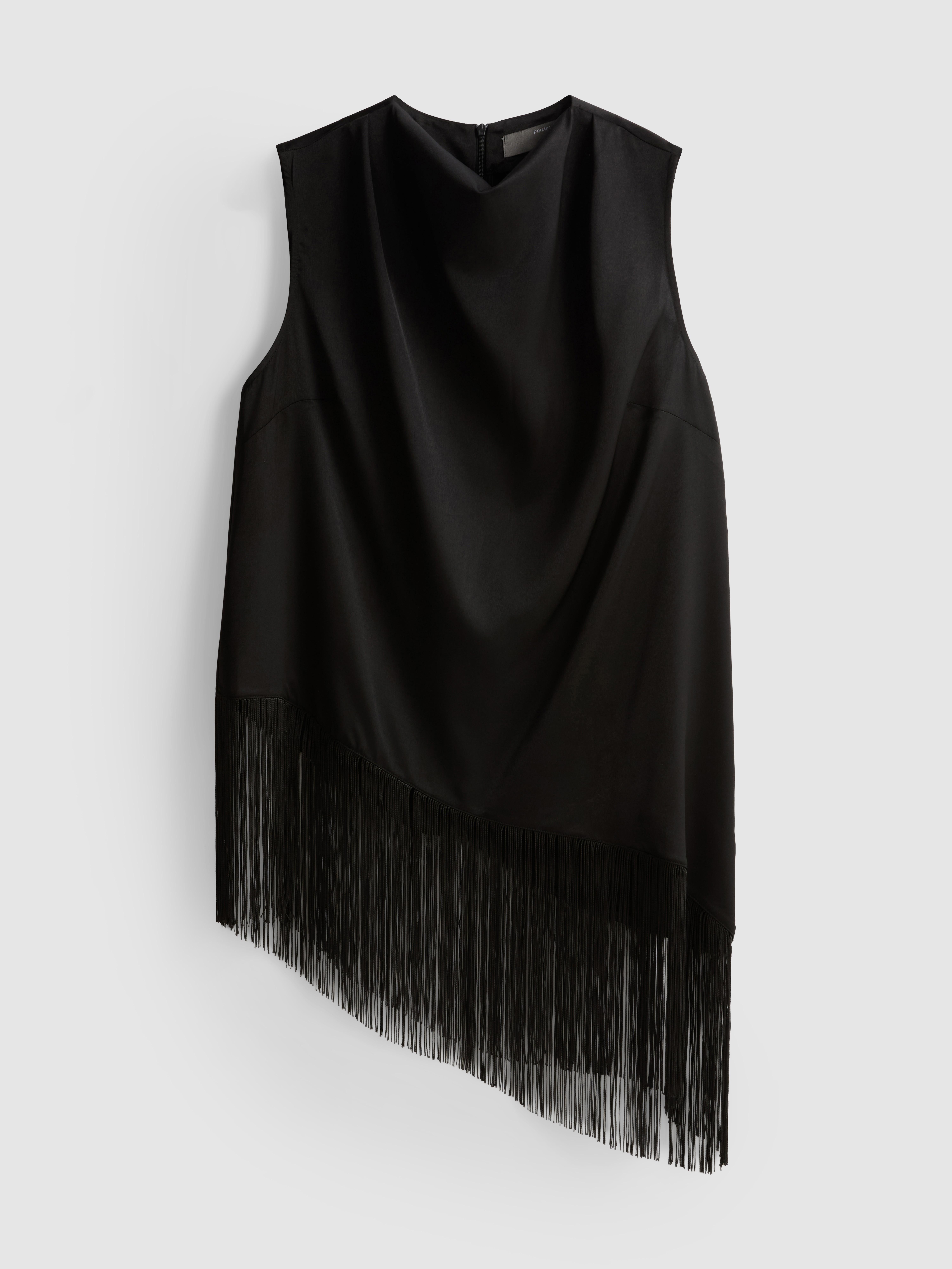 Asymmetrische blouse met watervalkraag en franjes