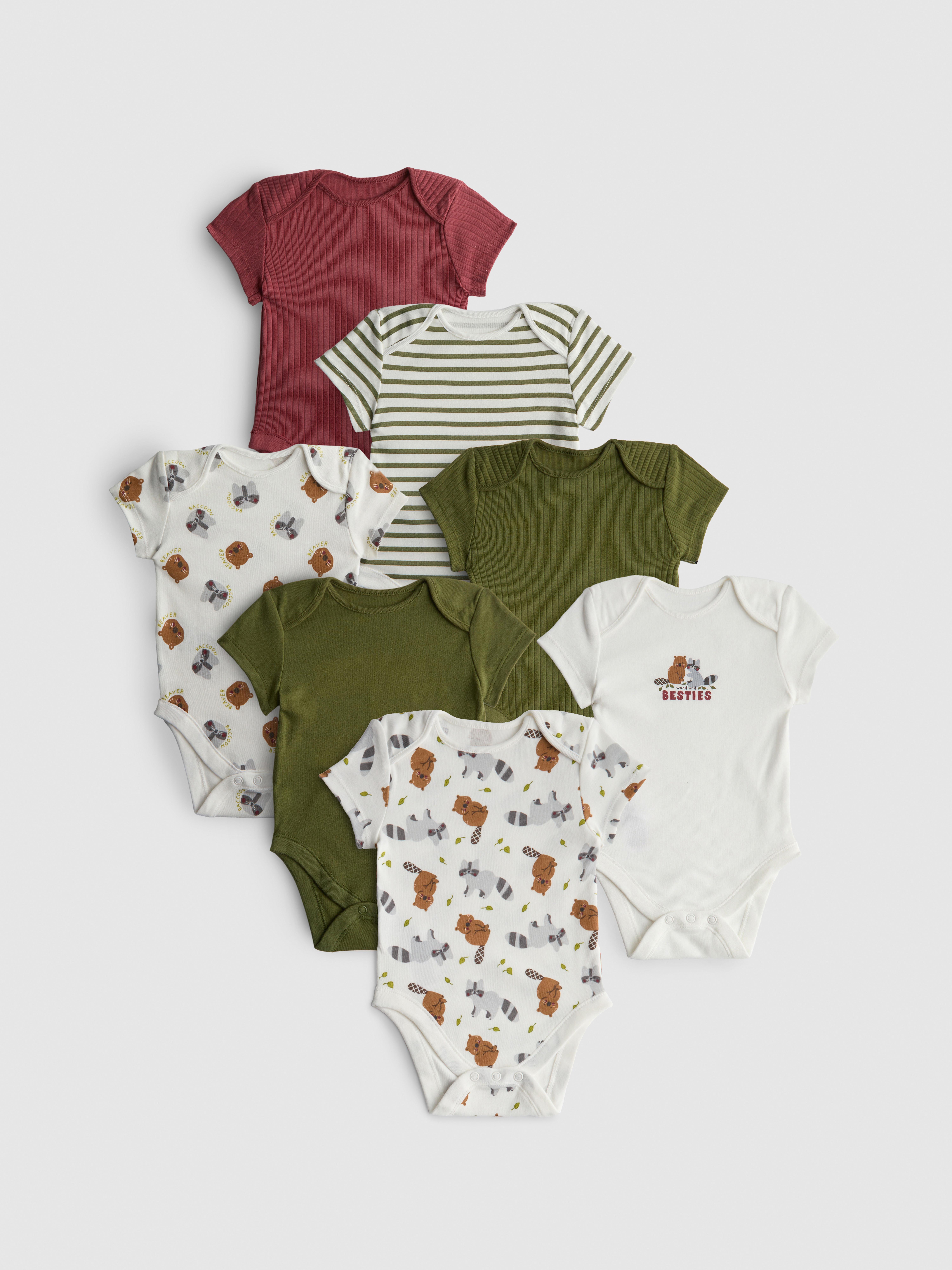 0-36mths | 7pk Pure Cotton Woodland Animal Graphic Short Sleeve Bodysuits
