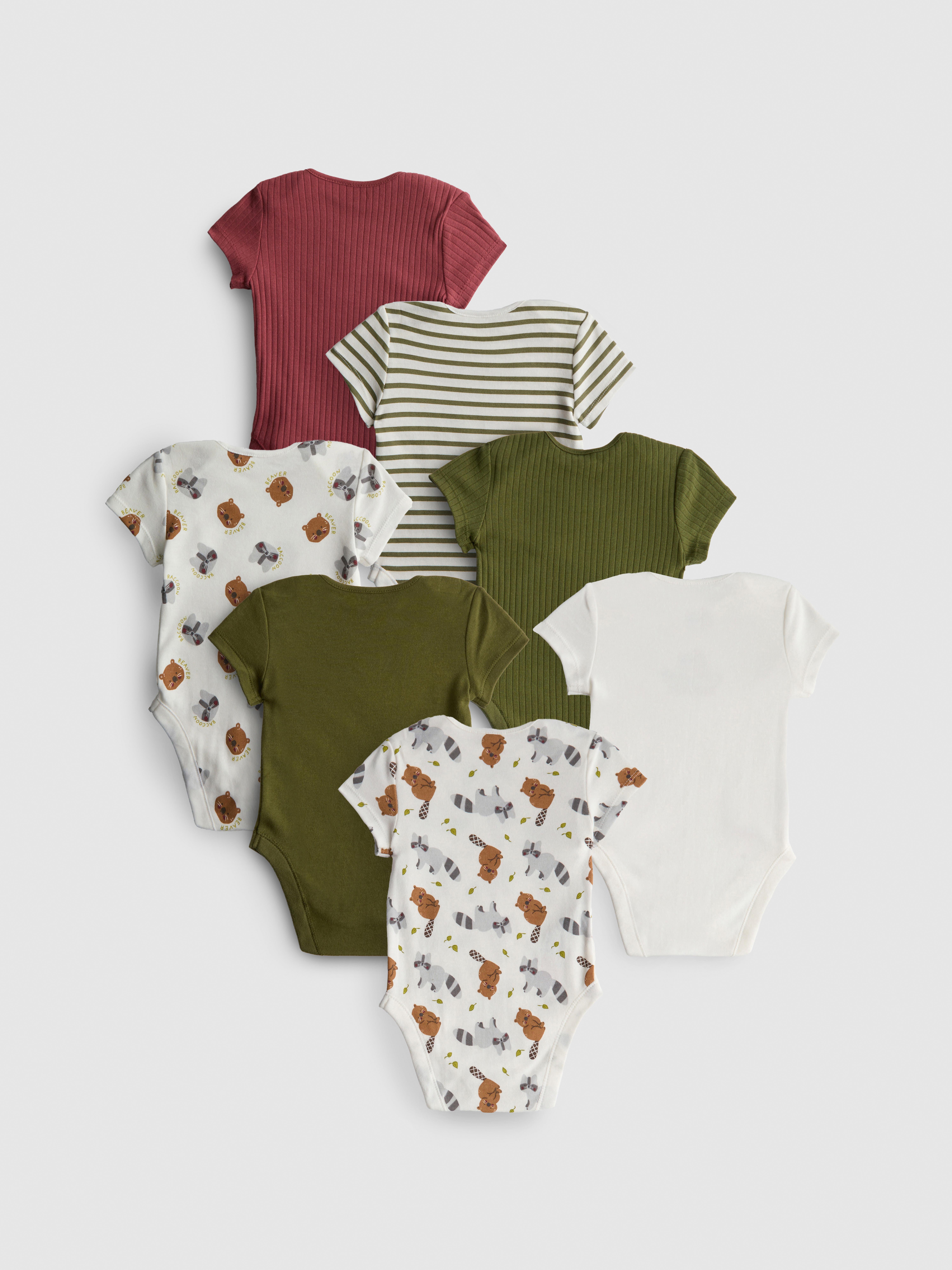 0-36mths | 7pk Pure Cotton Woodland Animal Graphic Short Sleeve Bodysuits