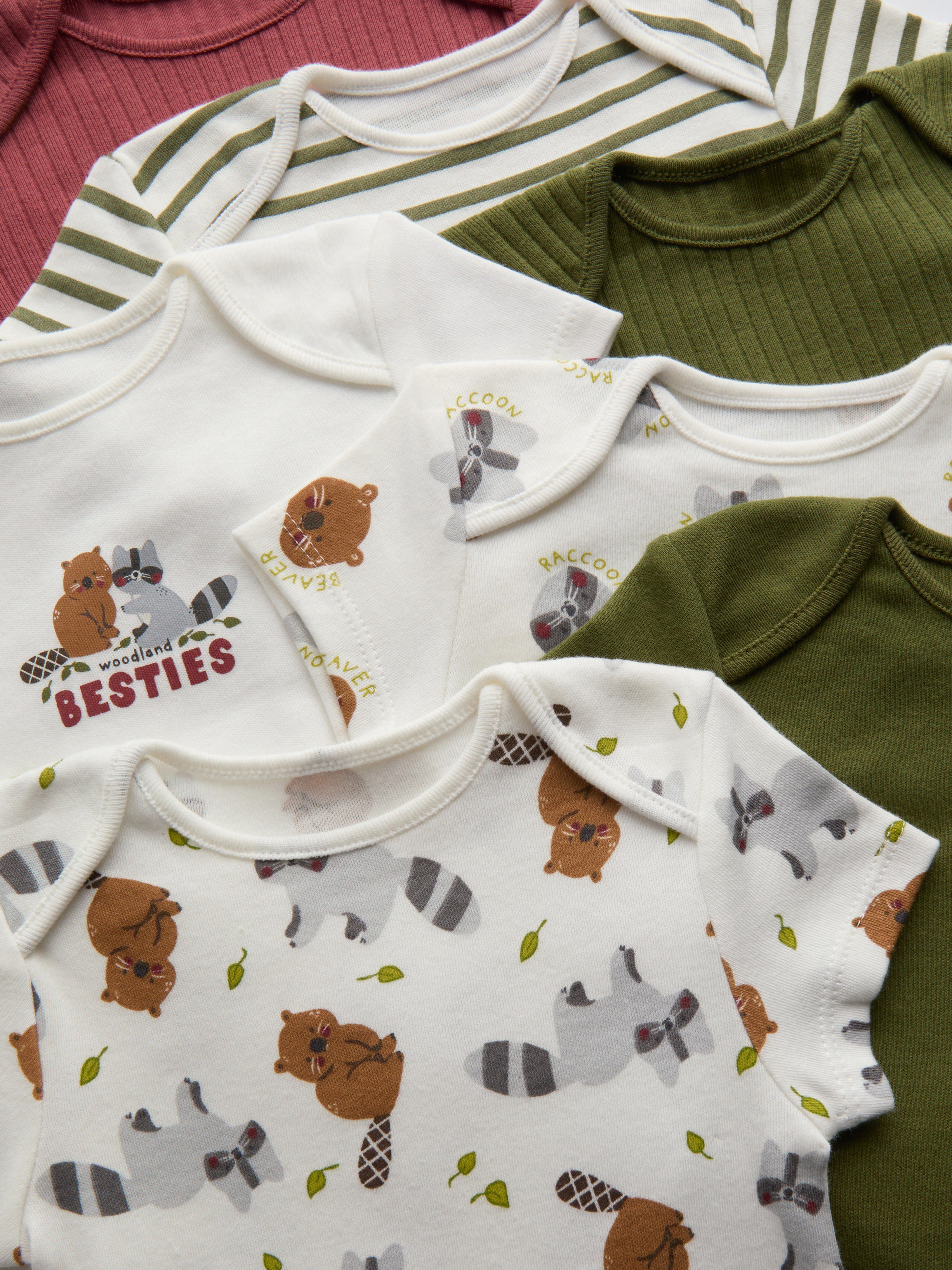 0-36mths | 7pk Pure Cotton Woodland Animal Graphic Short Sleeve Bodysuits