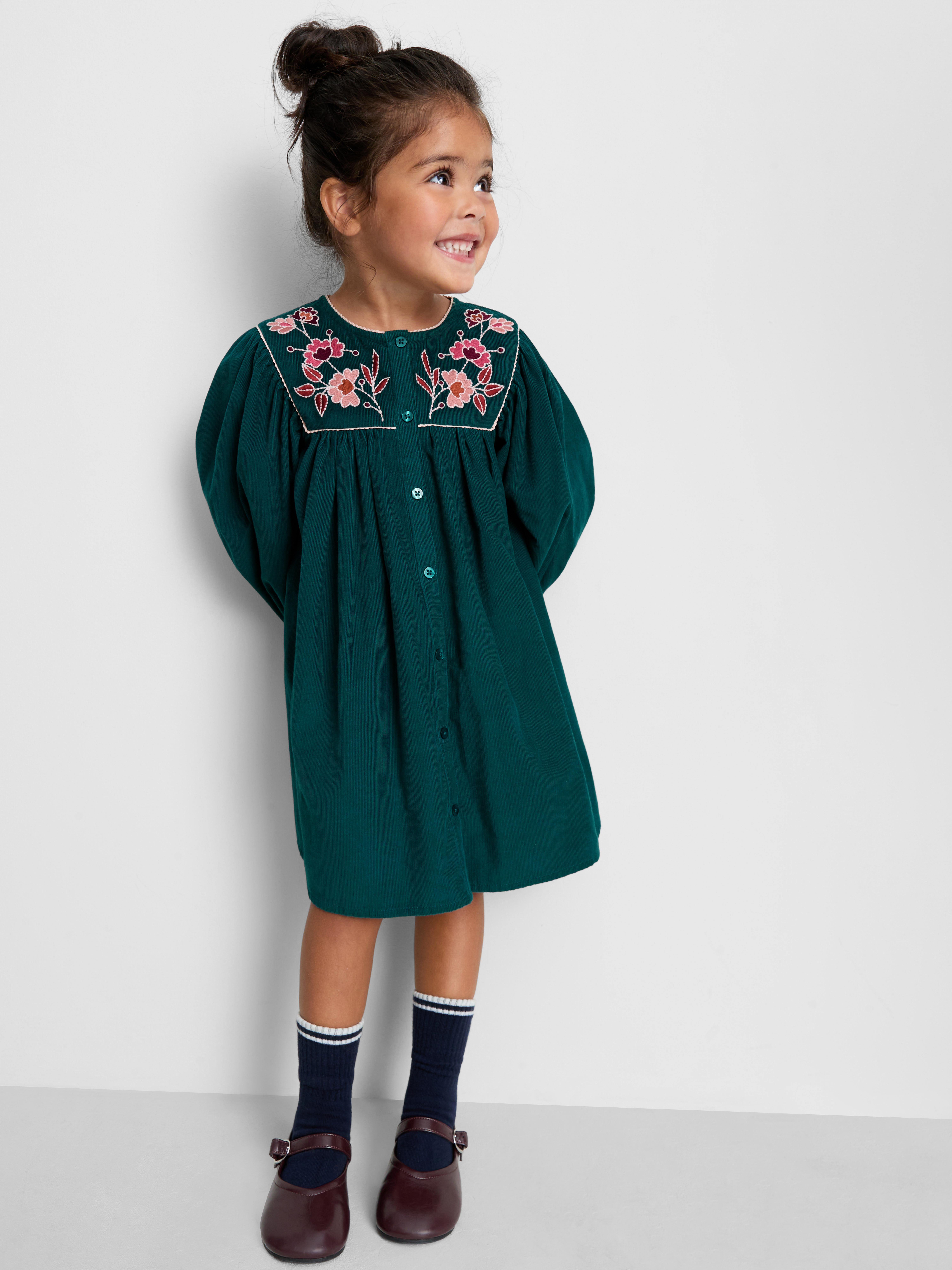 1-9yrs | Pure Cotton Corduroy Floral Embroidered Dress
