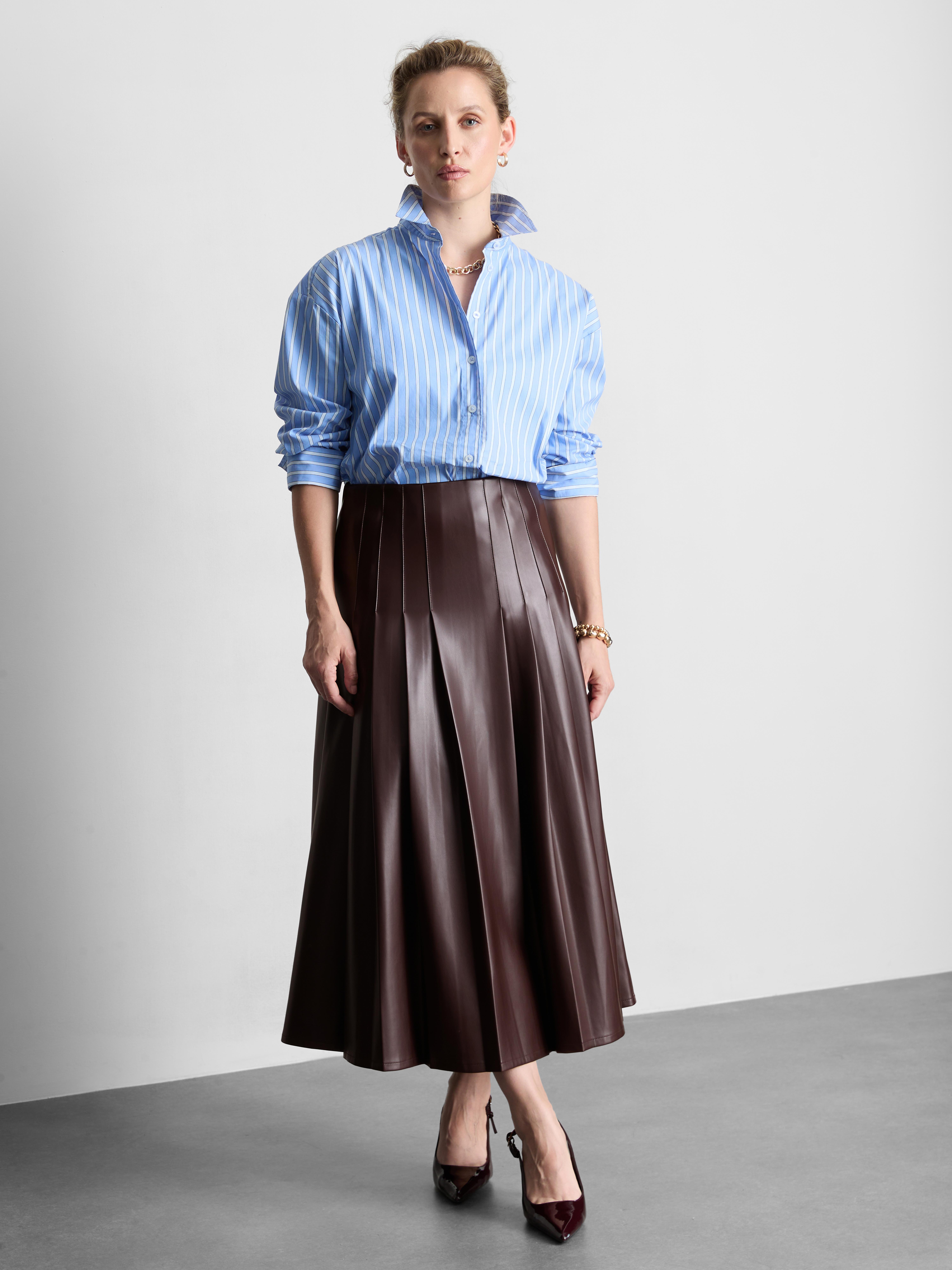 Faux Leather Pleated Midi Skirt Cherry