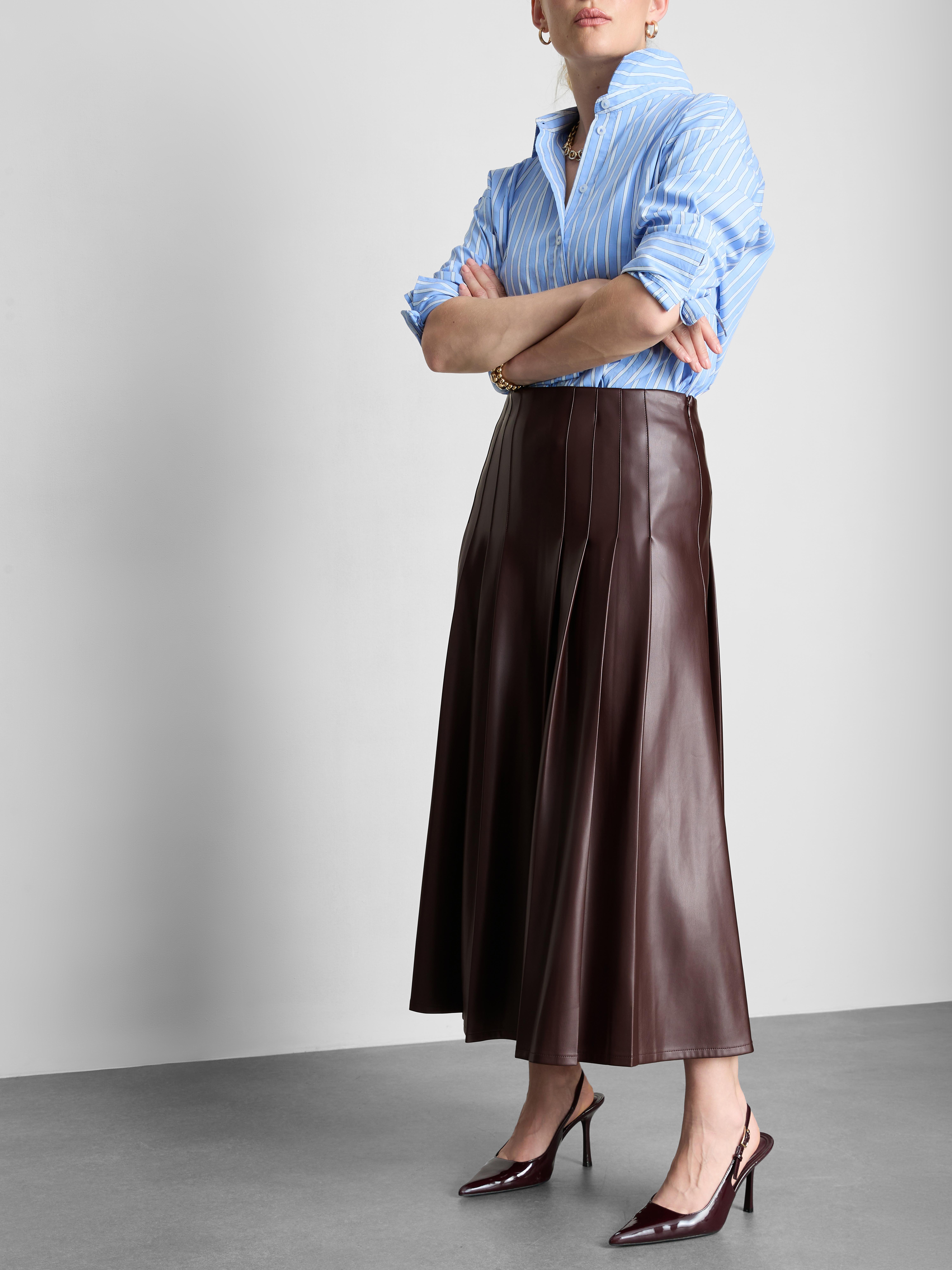Faux Leather Pleated Midi Skirt