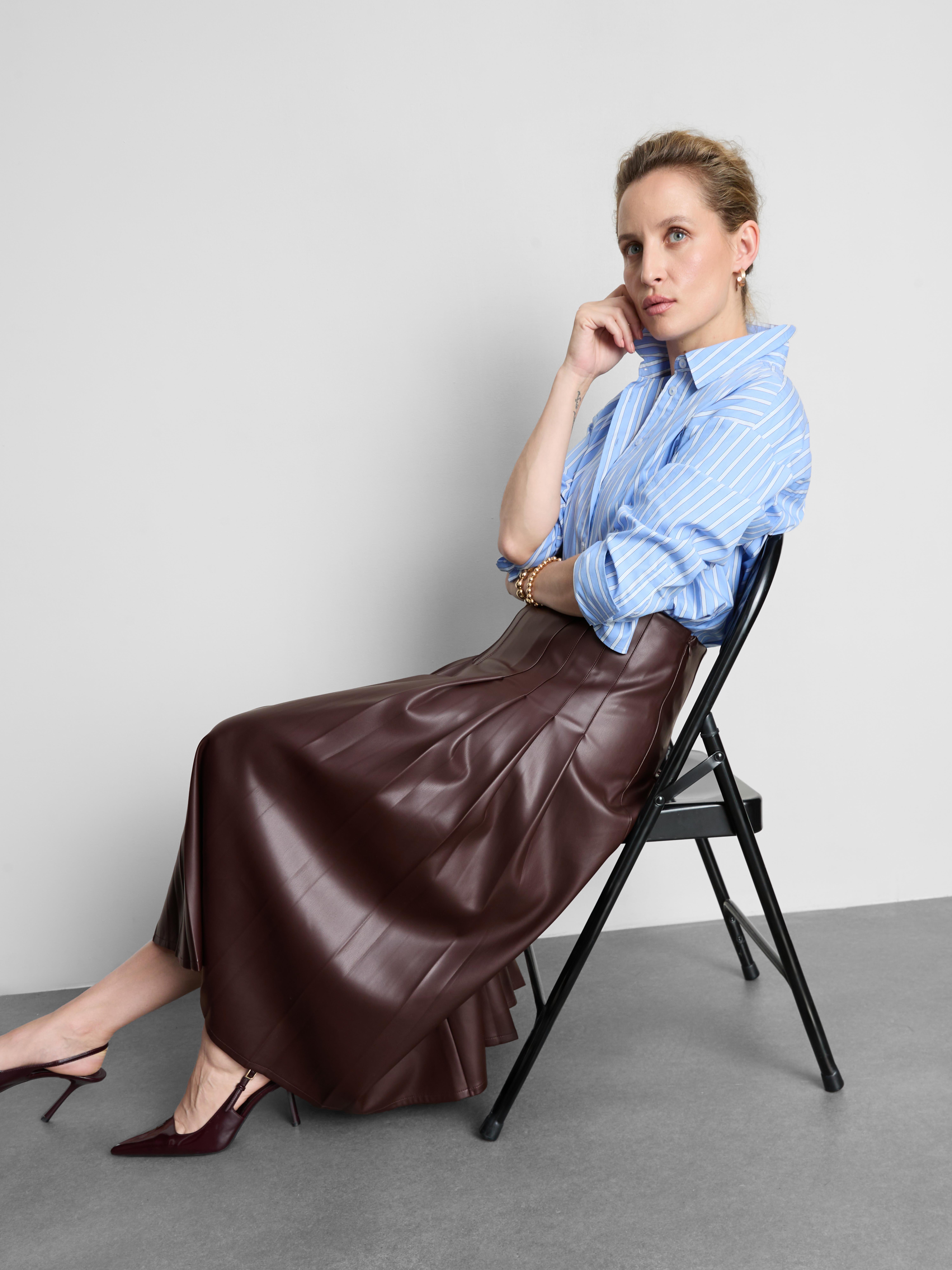 Faux Leather Pleated Midi Skirt