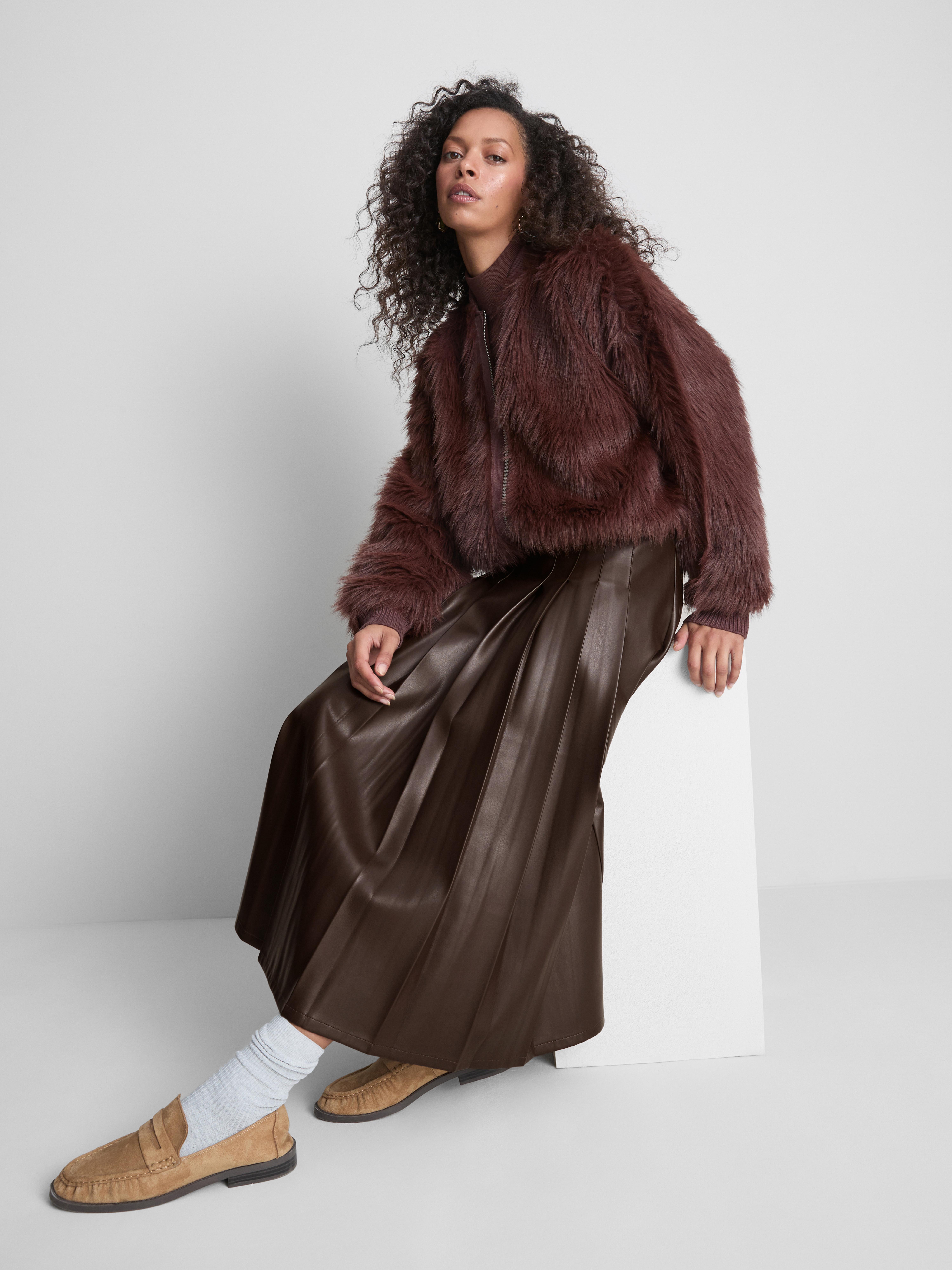 Faux Leather Pleated Midi Skirt Dark Brown