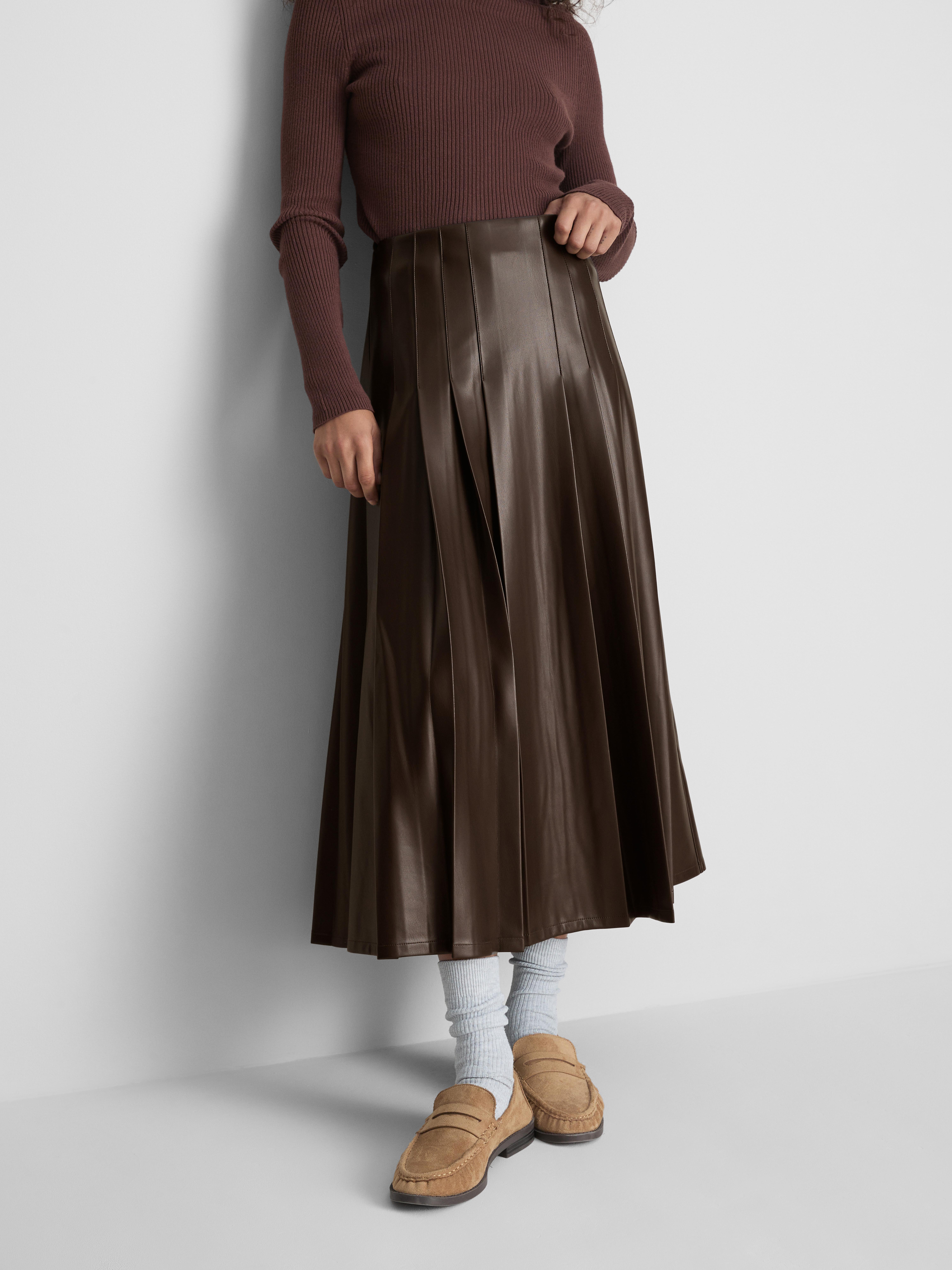 Faux Leather Pleated Midi Skirt