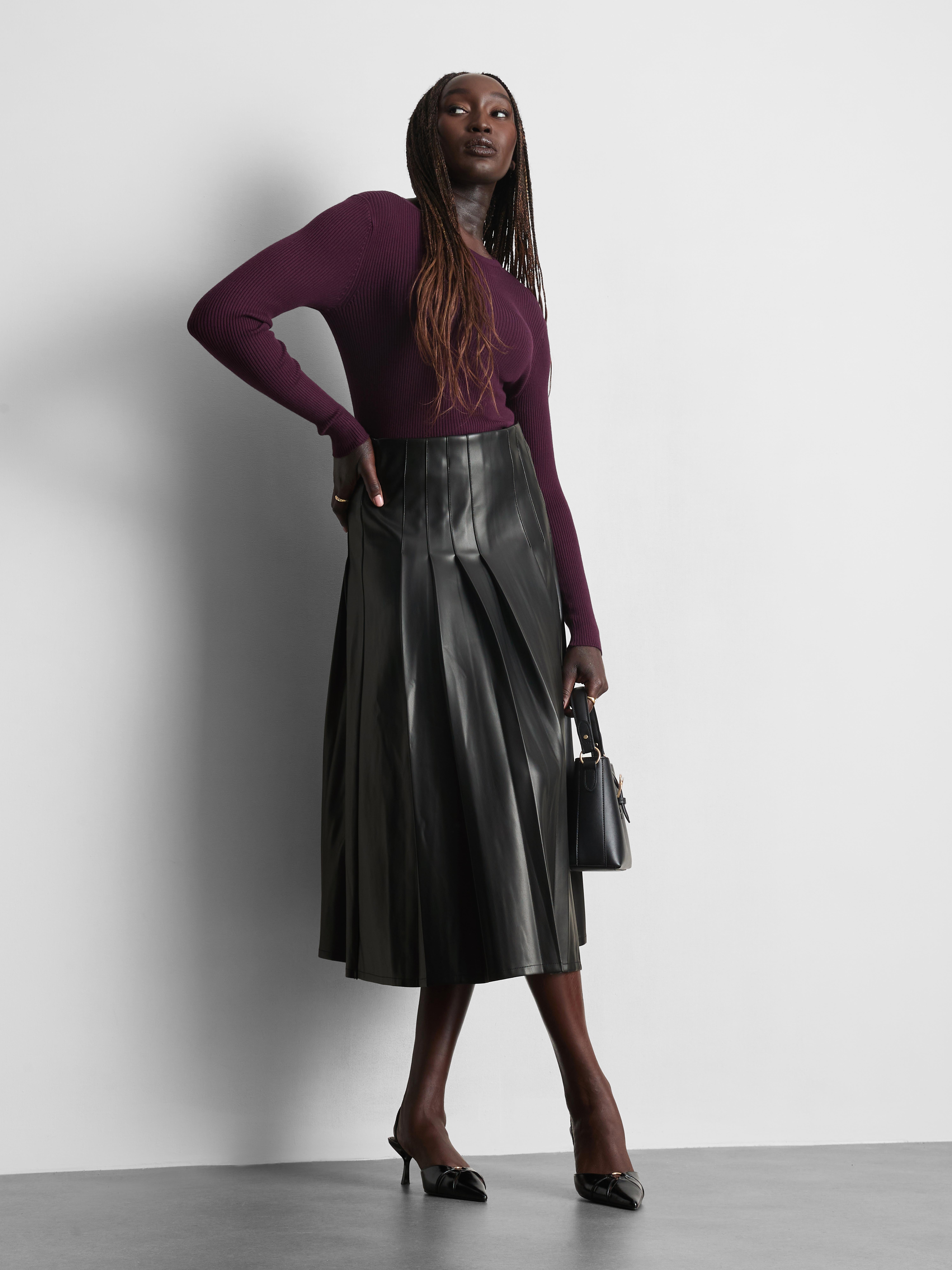 Faux Leather Pleated Midi Skirt