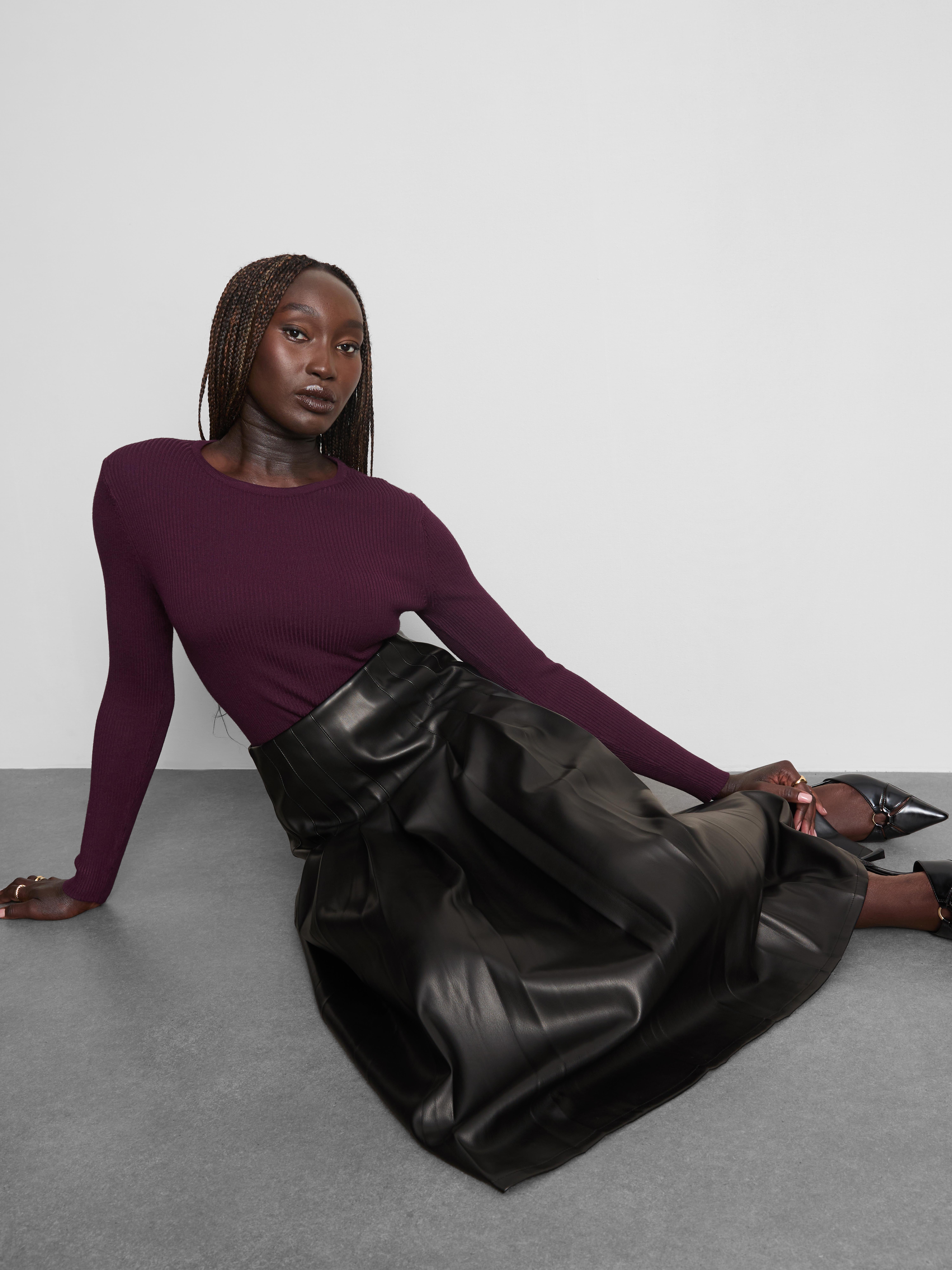 Faux Leather Pleated Midi Skirt