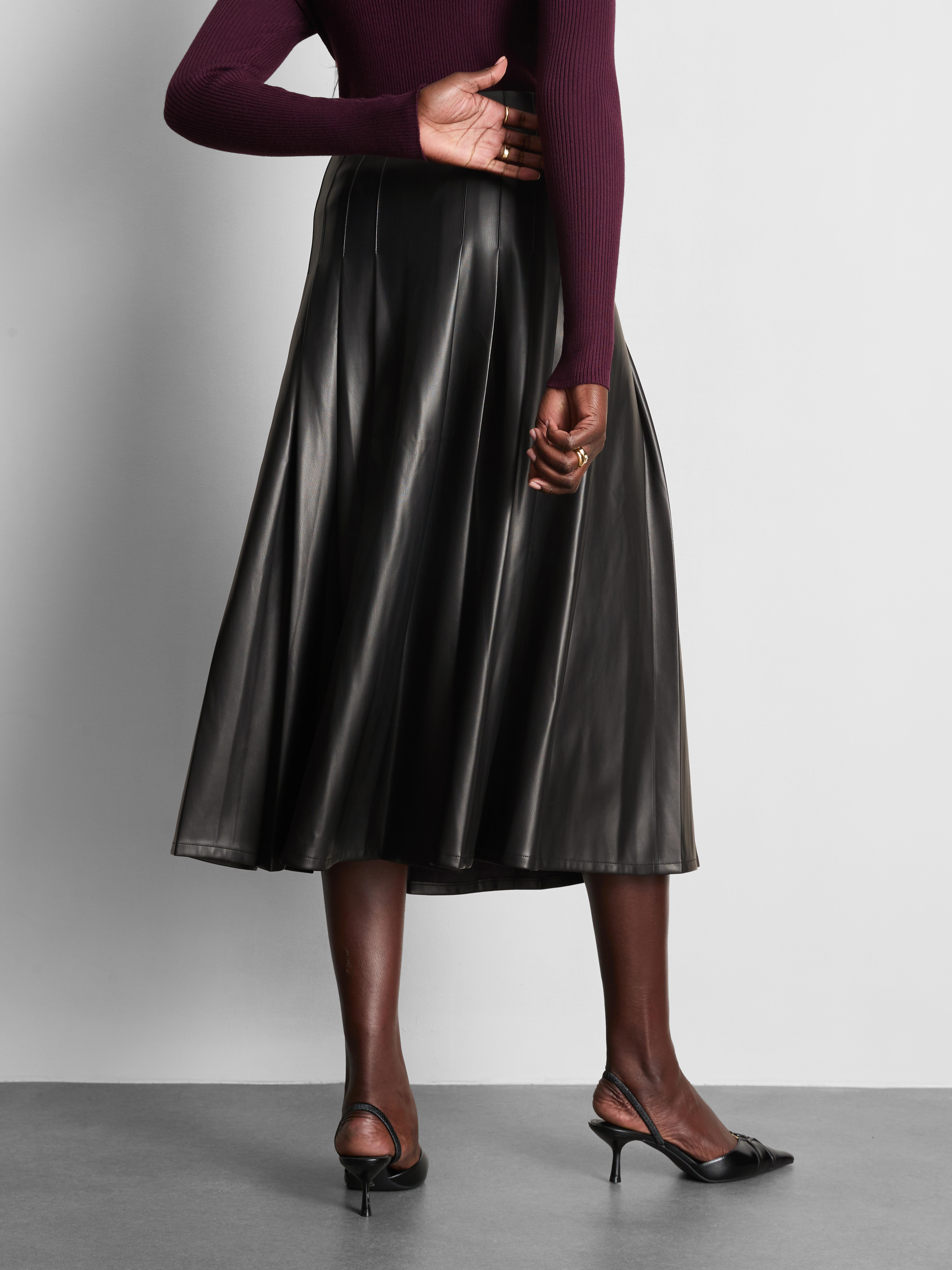 Faux Leather Pleated Midi Skirt