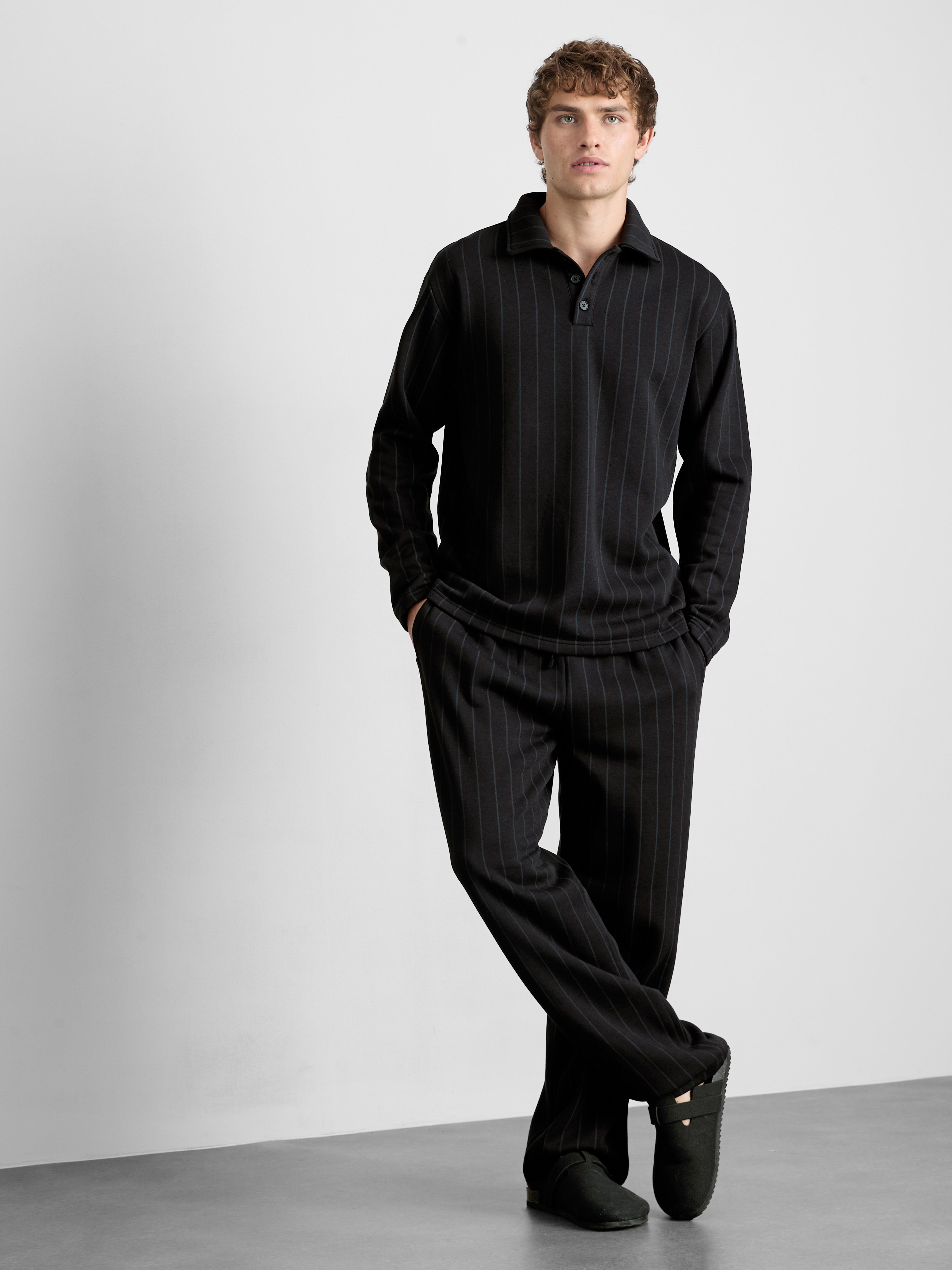 The Edit Striped Long-Sleeve Pajama Polo Top
