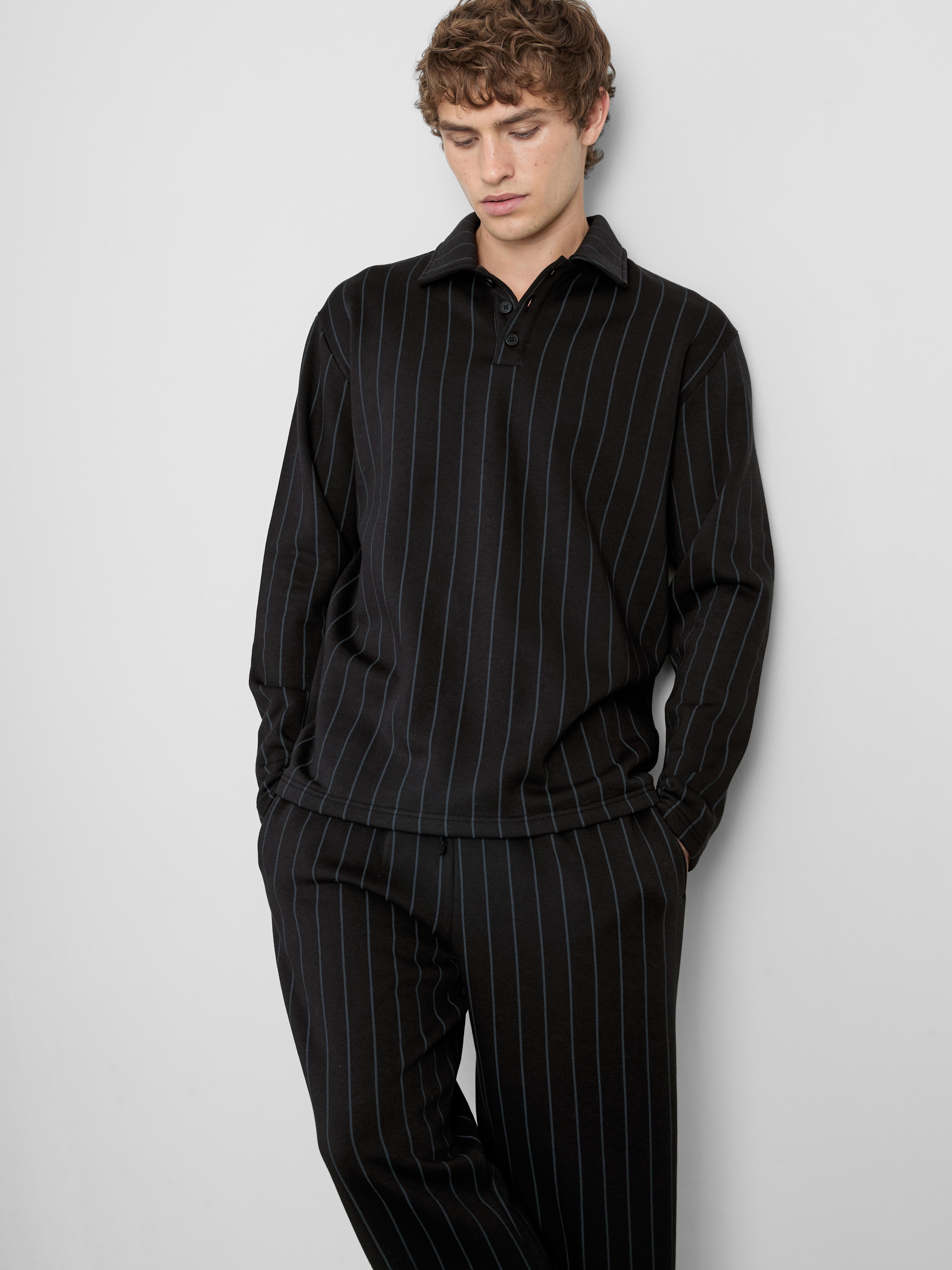 The Edit Striped Long-Sleeve Pajama Polo Top