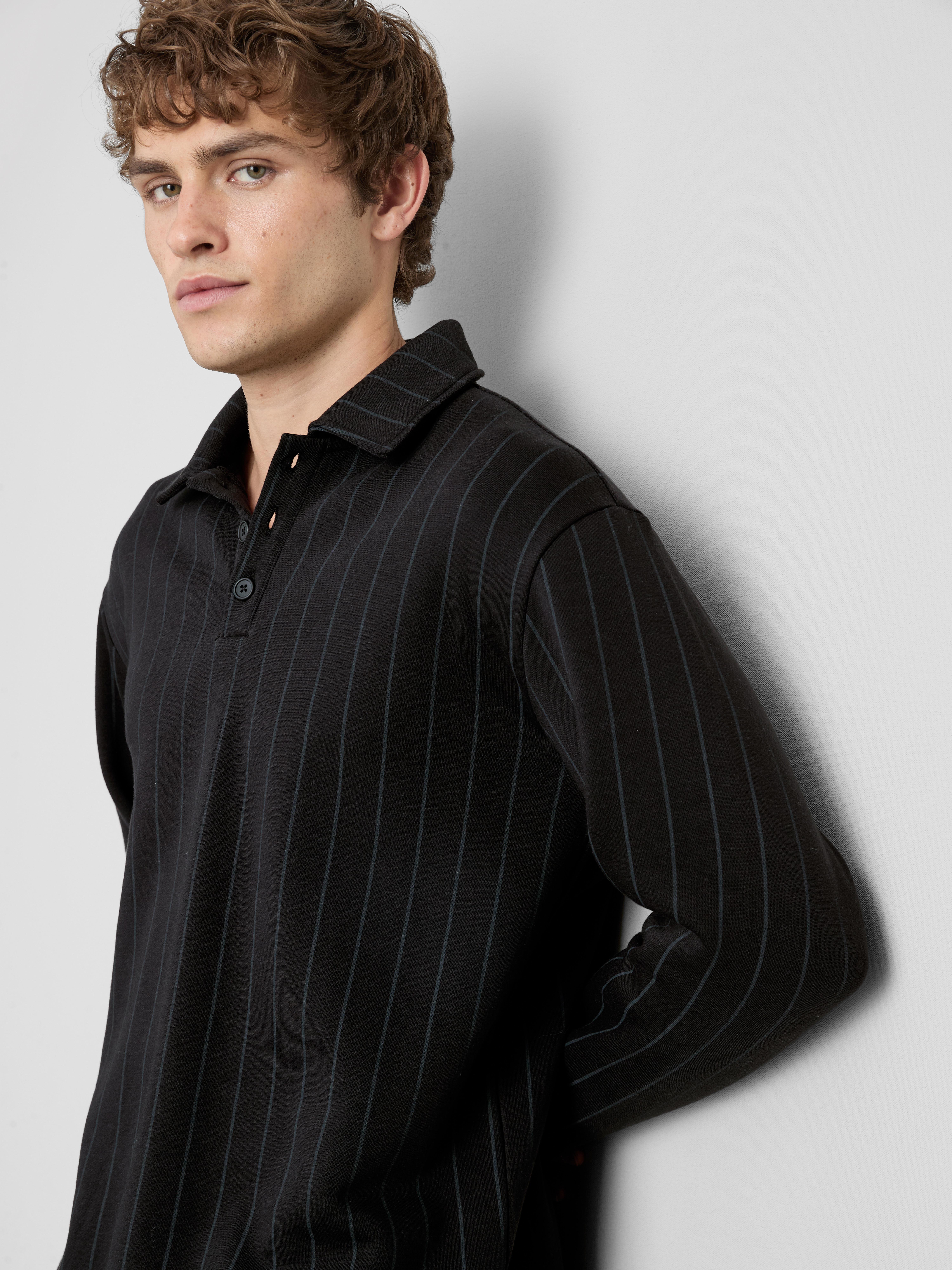 The Edit Striped Long-Sleeve Pajama Polo Top