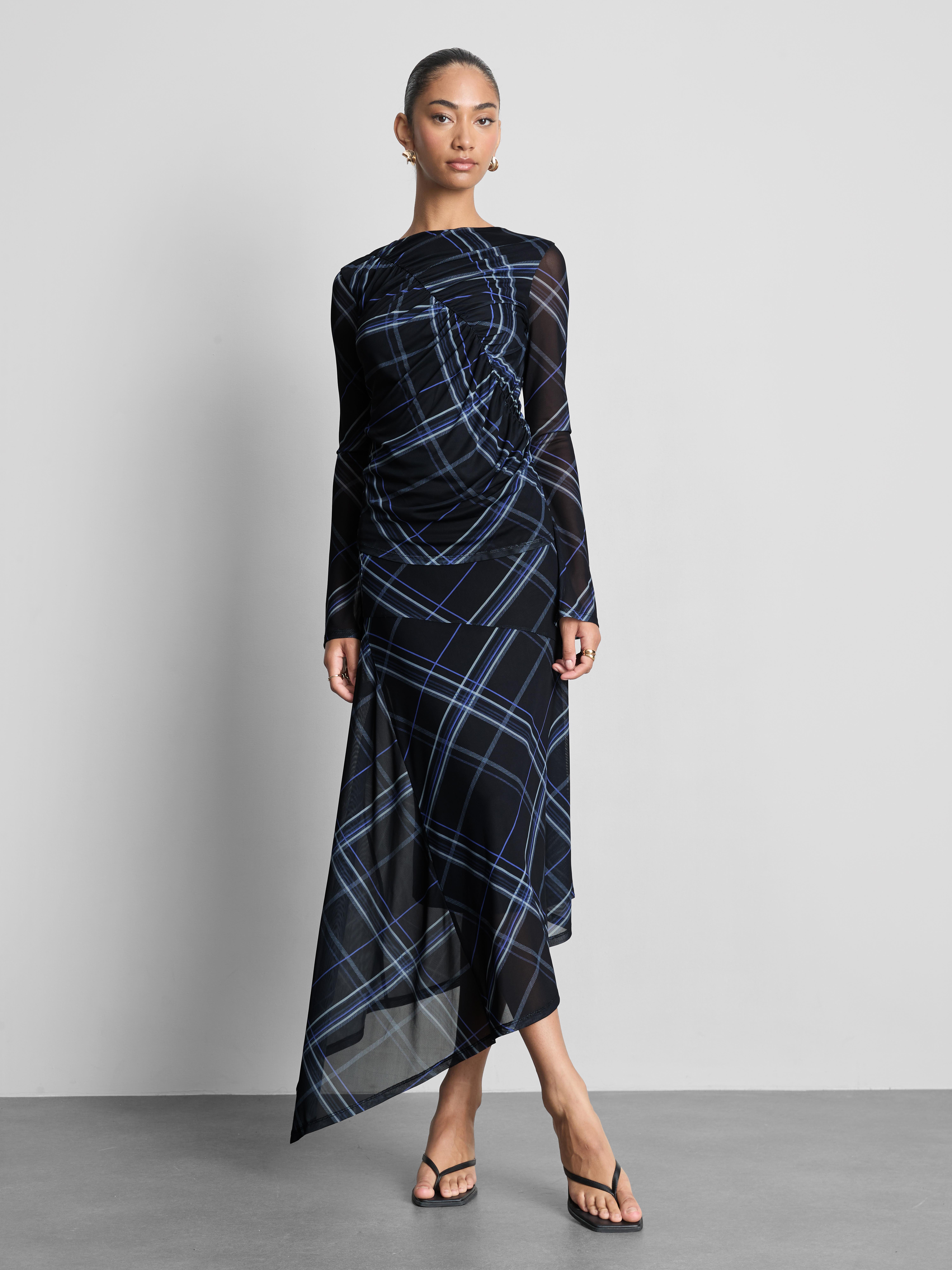 Plaid Asymmetrical Midi Skirt