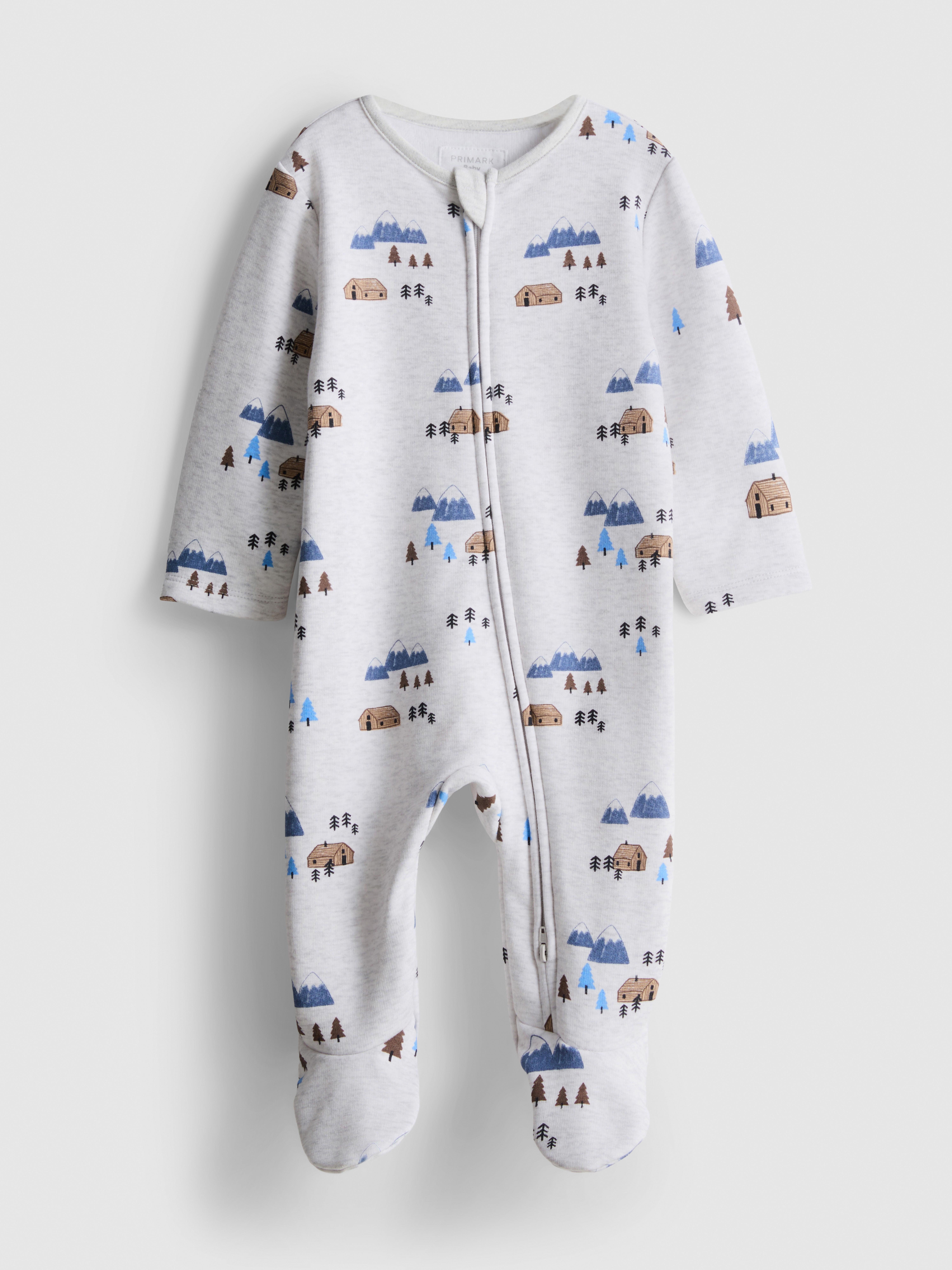 Baby Boys Grey Marl 0-24mths | Ski Lodge Graphic Zip-Up Sleepsuit | Primark