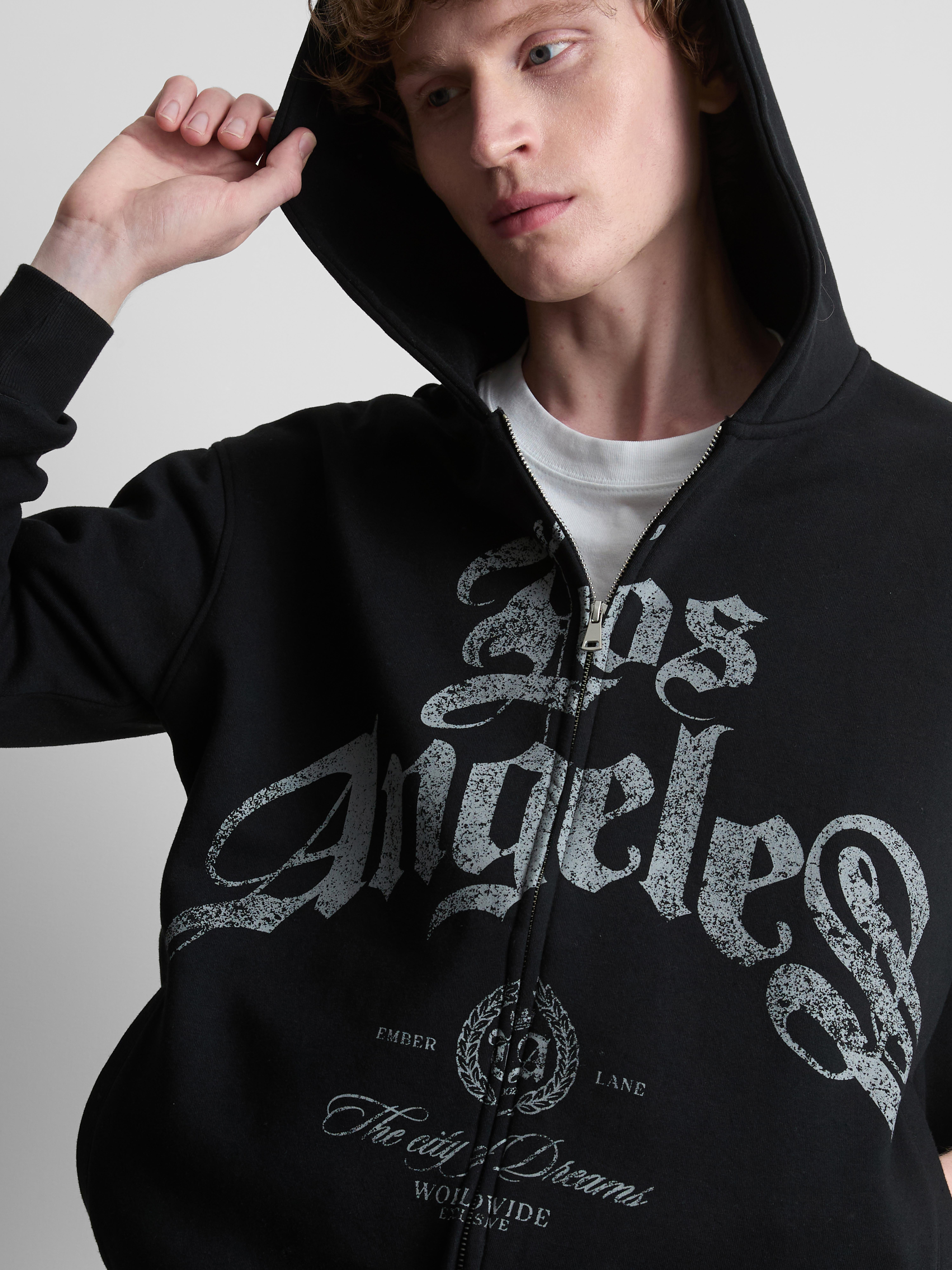 Mens Black Los Angeles Graphic Zip-Up Hoodie | Primark