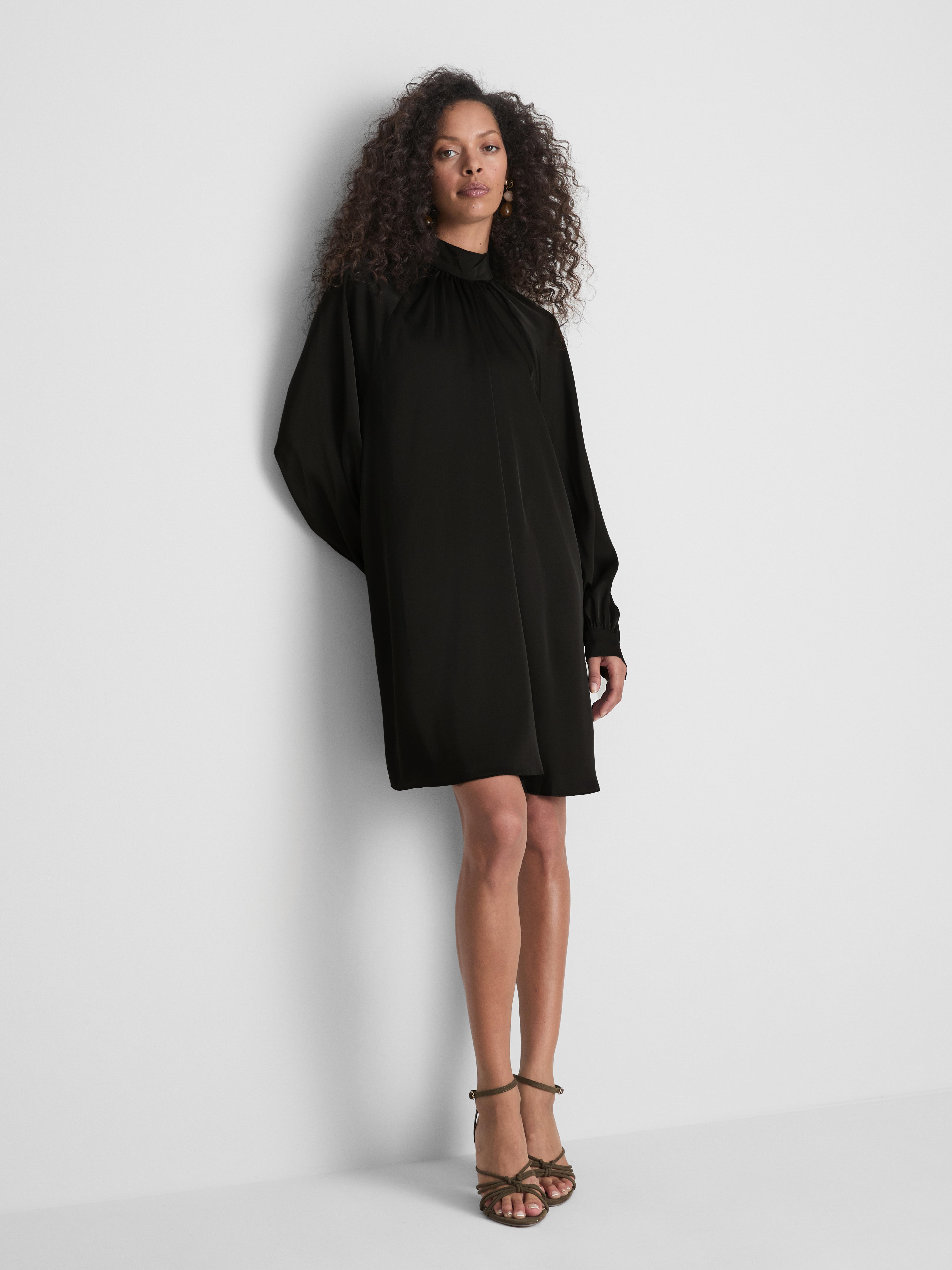Satin Long-Sleeve Mini Smock Dress