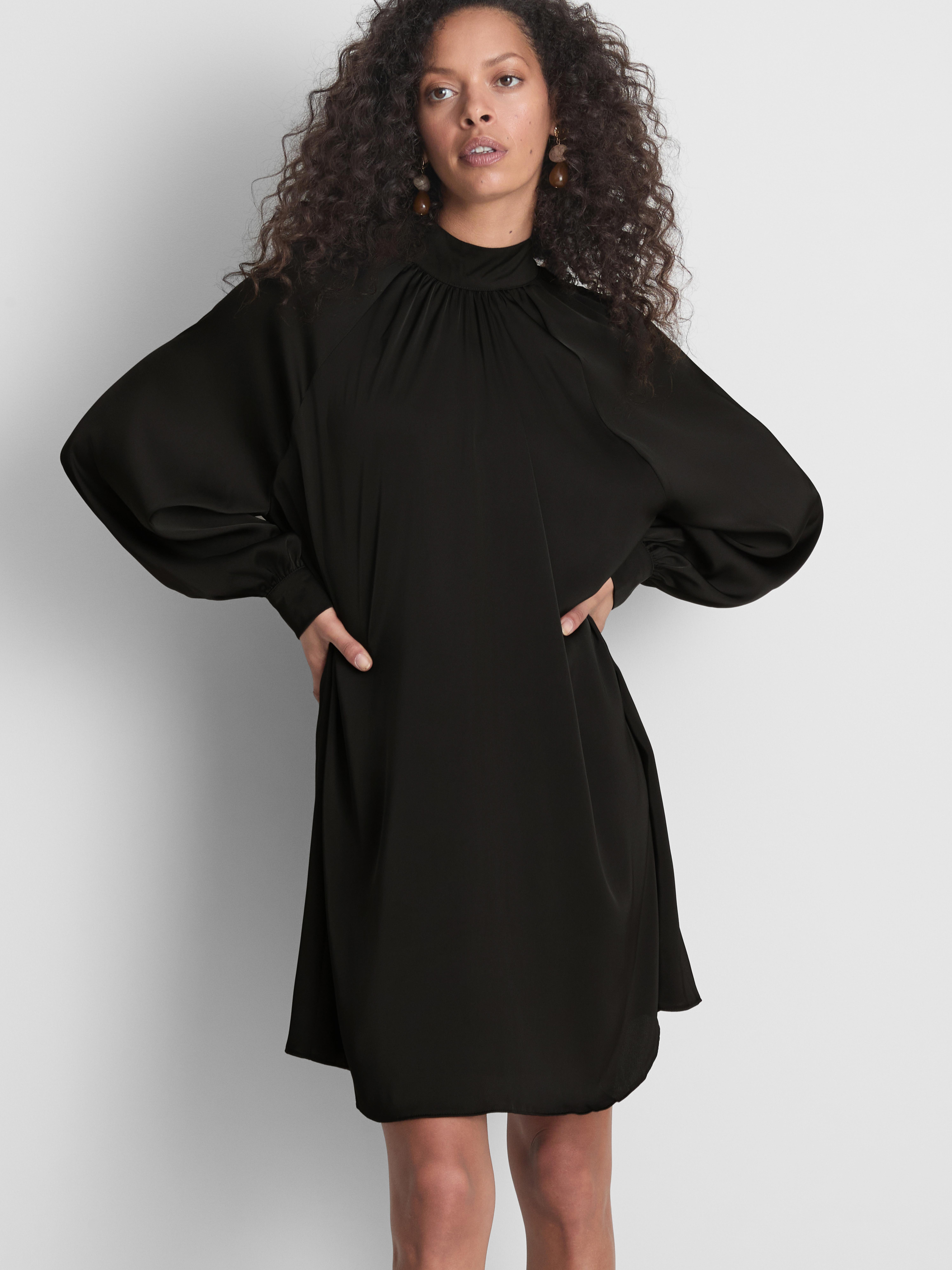 Satin Long-Sleeve Mini Smock Dress
