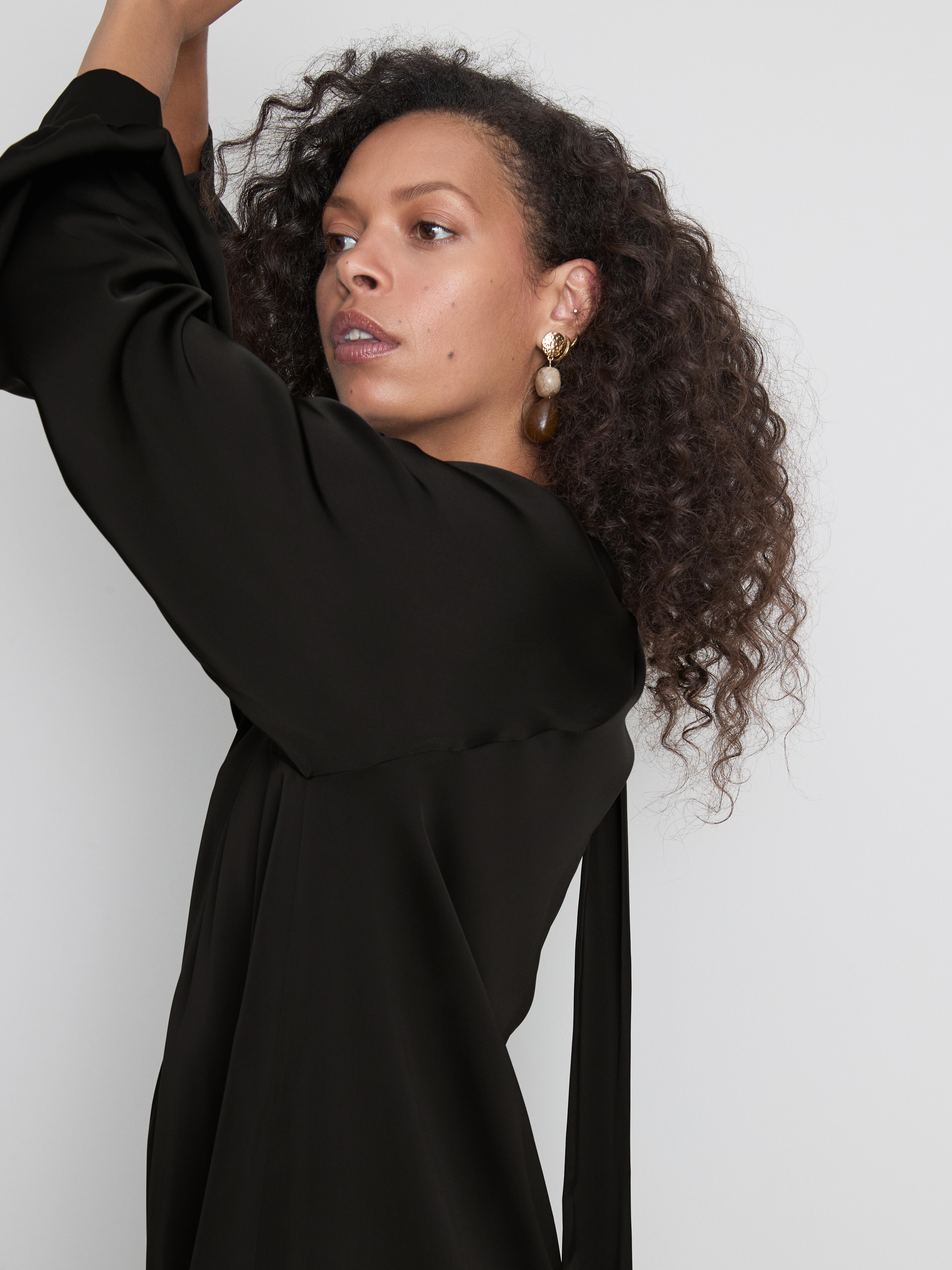 Satin Long-Sleeve Mini Smock Dress