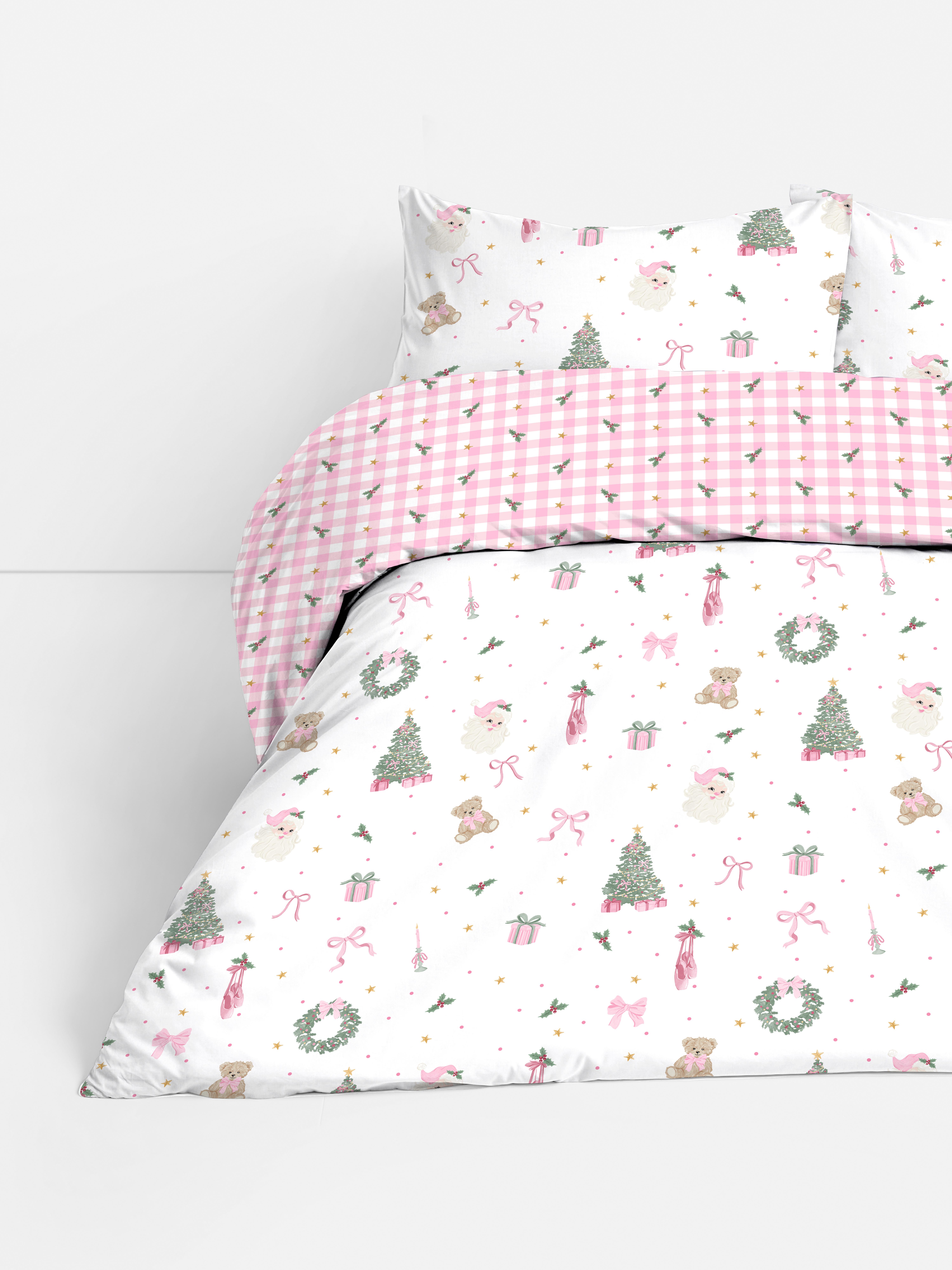 Pink Festive Teddy and Santa Super Soft Double Duvet Cover Set | Primark