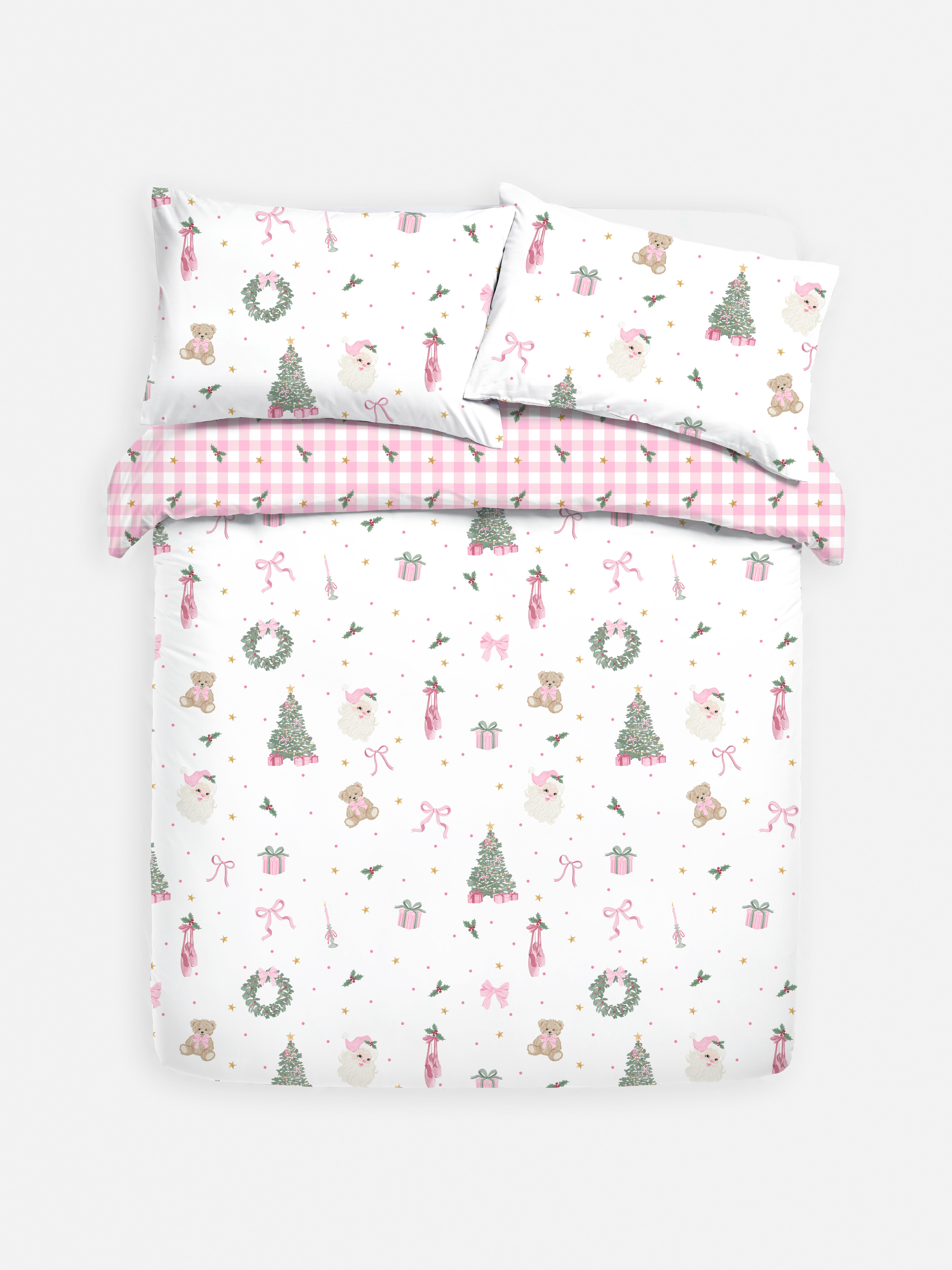 Pink Festive Teddy and Santa Super Soft Double Duvet Cover Set | Primark
