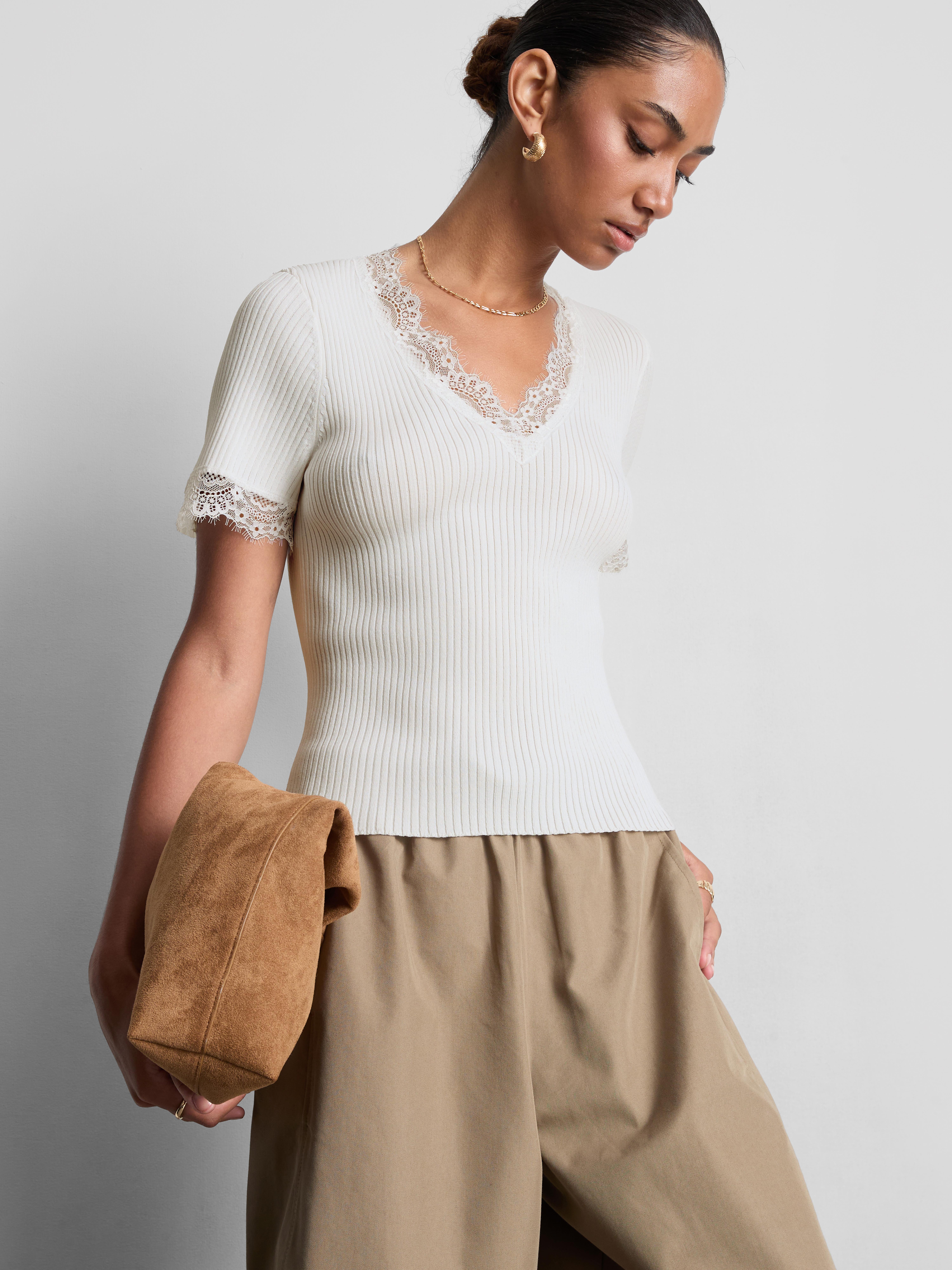 Ribbed Lace-Trim Tee