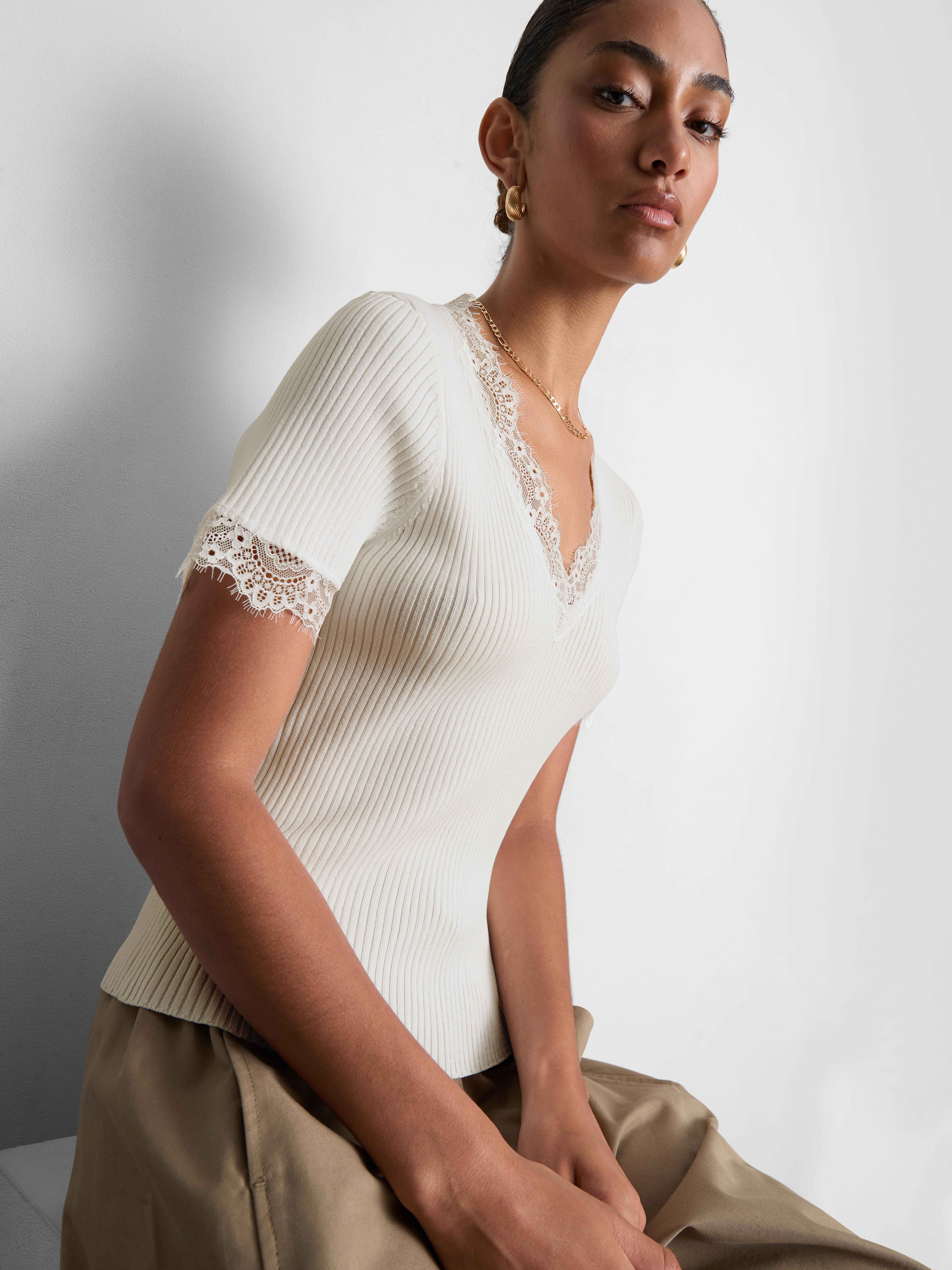 Ribbed Lace-Trim Tee