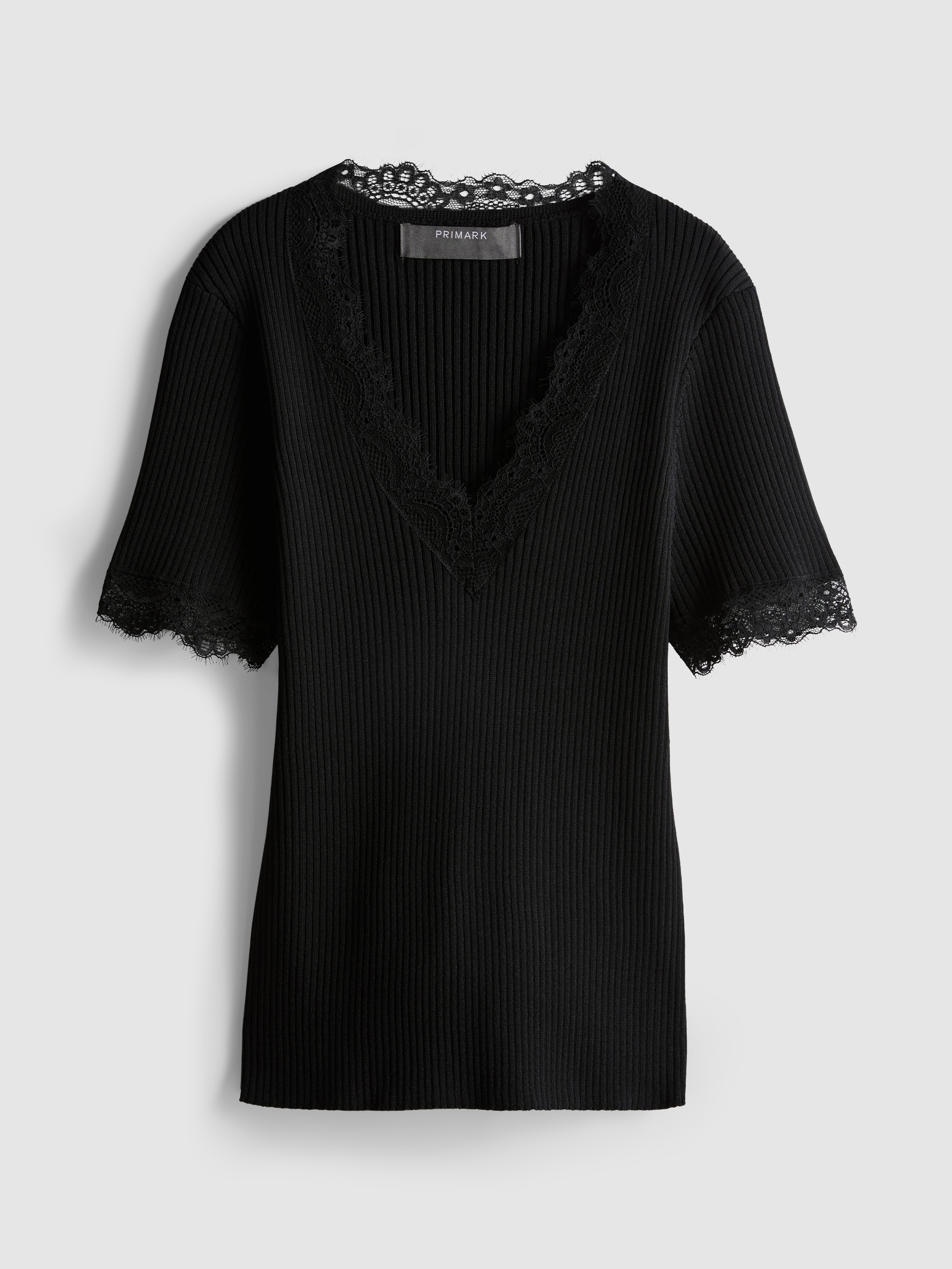 Ribbed Lace-Trim Tee