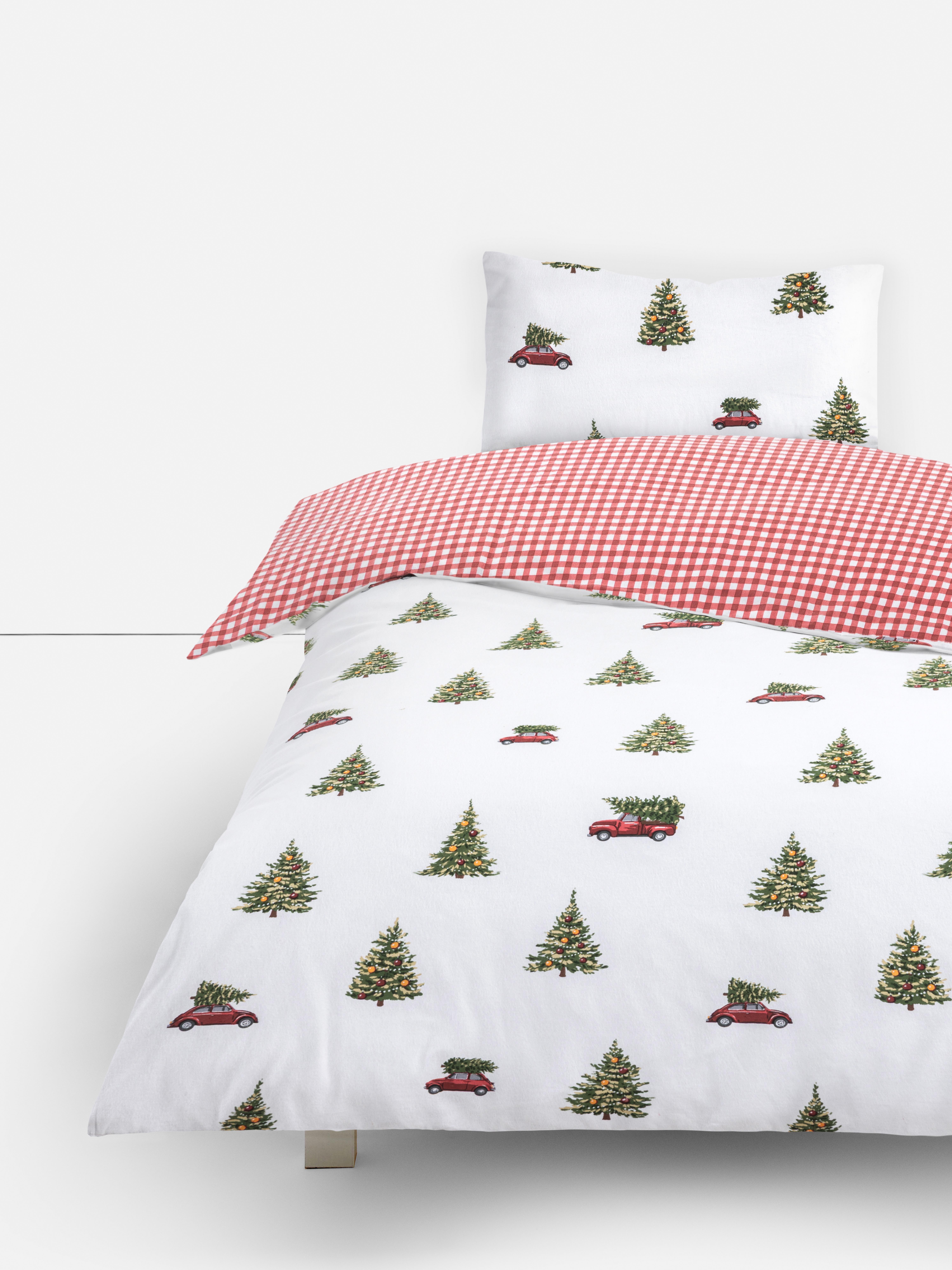 Red Pure Cotton Brushed Christmas Tree and Car Single Duvet Cover Set ...