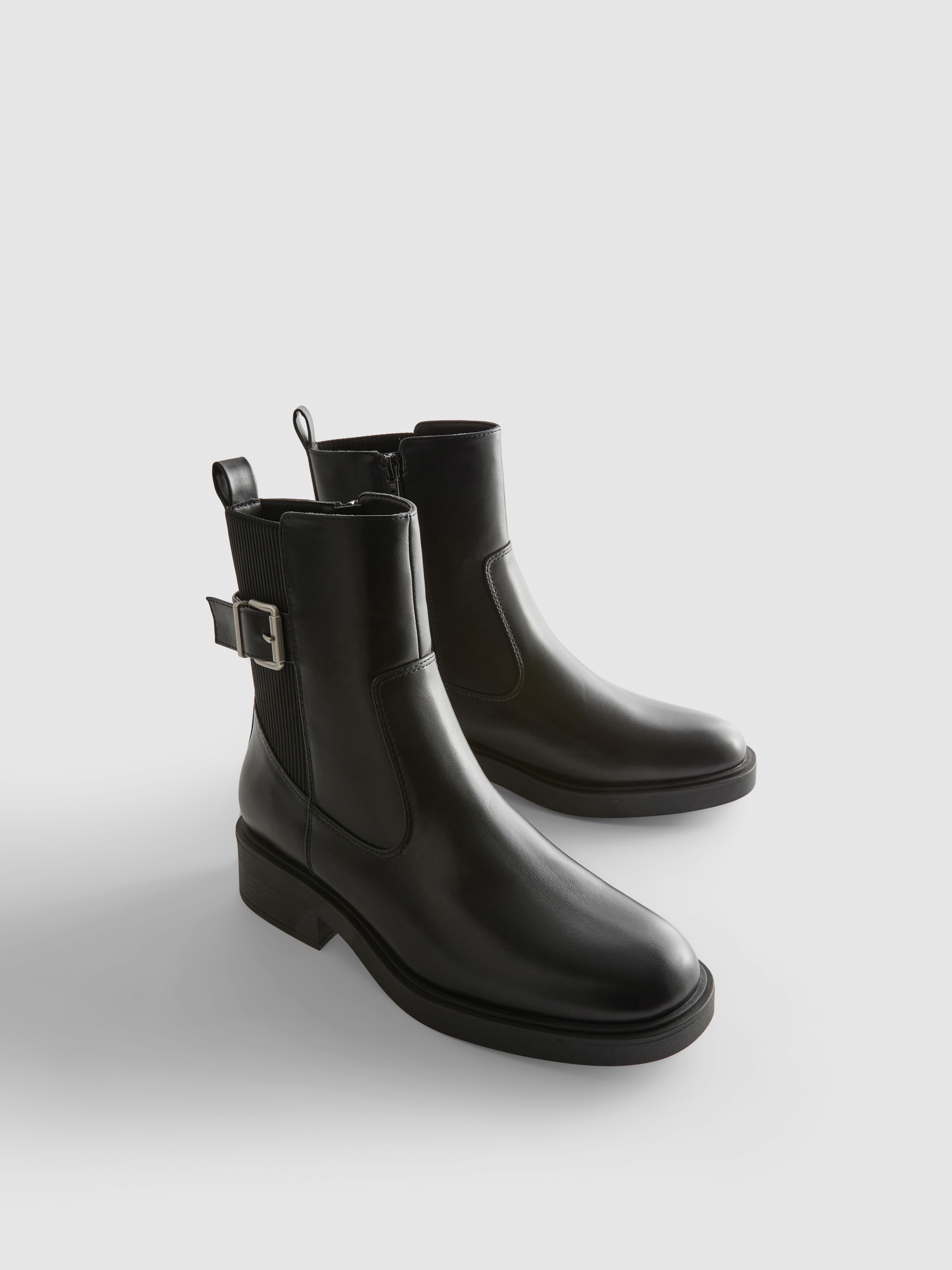Faux Leather Buckle Detail Chelsea Boots