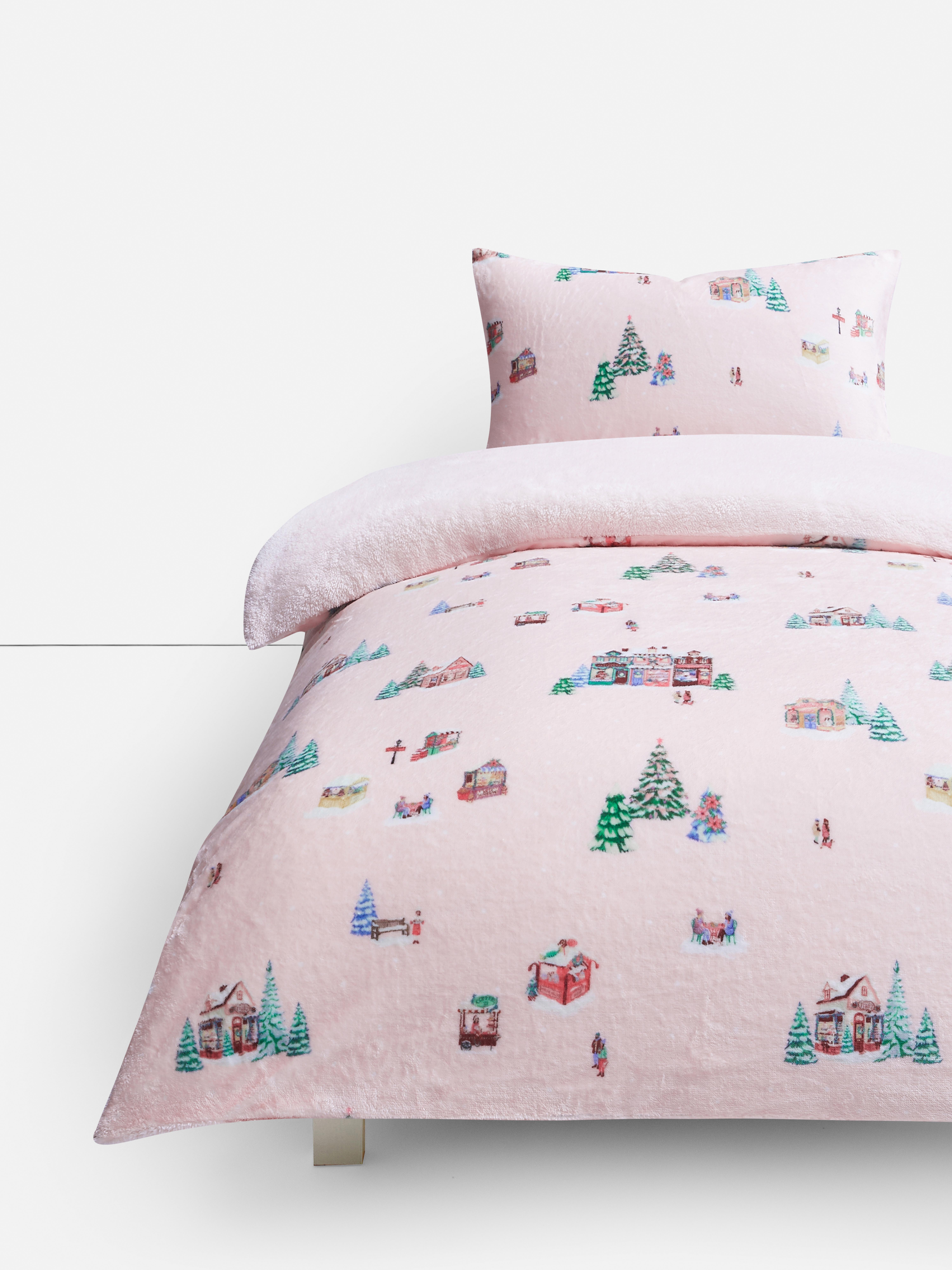 Weihnachtsdorf-Fleece-Bettwäsche, Einzelbett