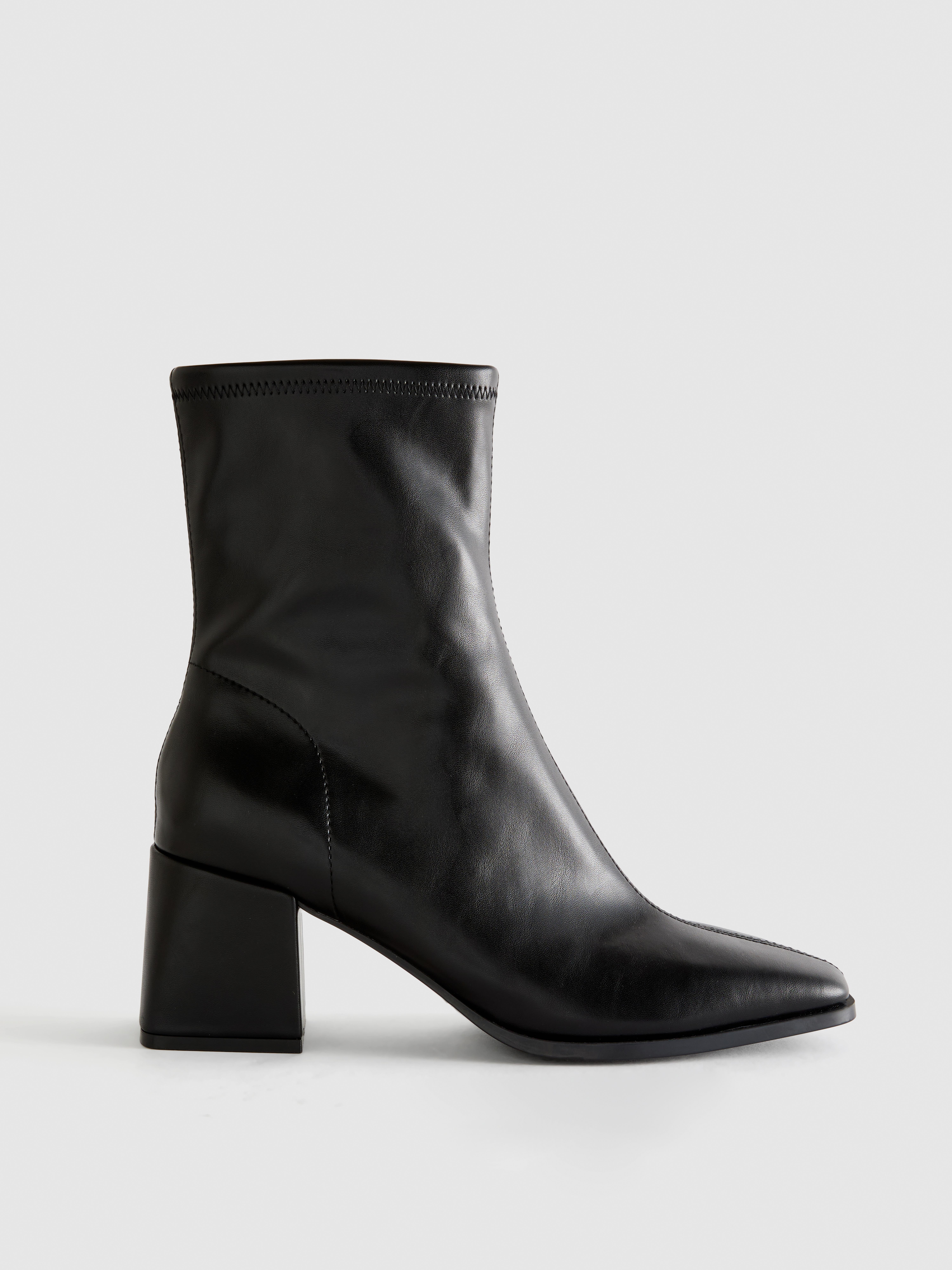 Faux Leather Stretch Heeled Ankle Boot